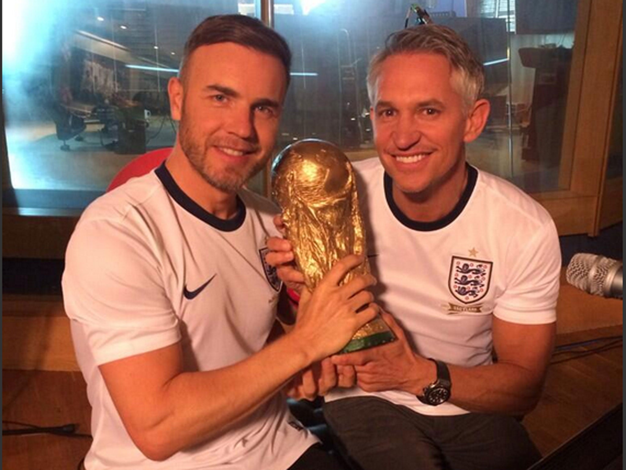 Gary Lineker tweeted this photo of himself and Gary Barlow from the studio where the World Cup song's video is being filmed
