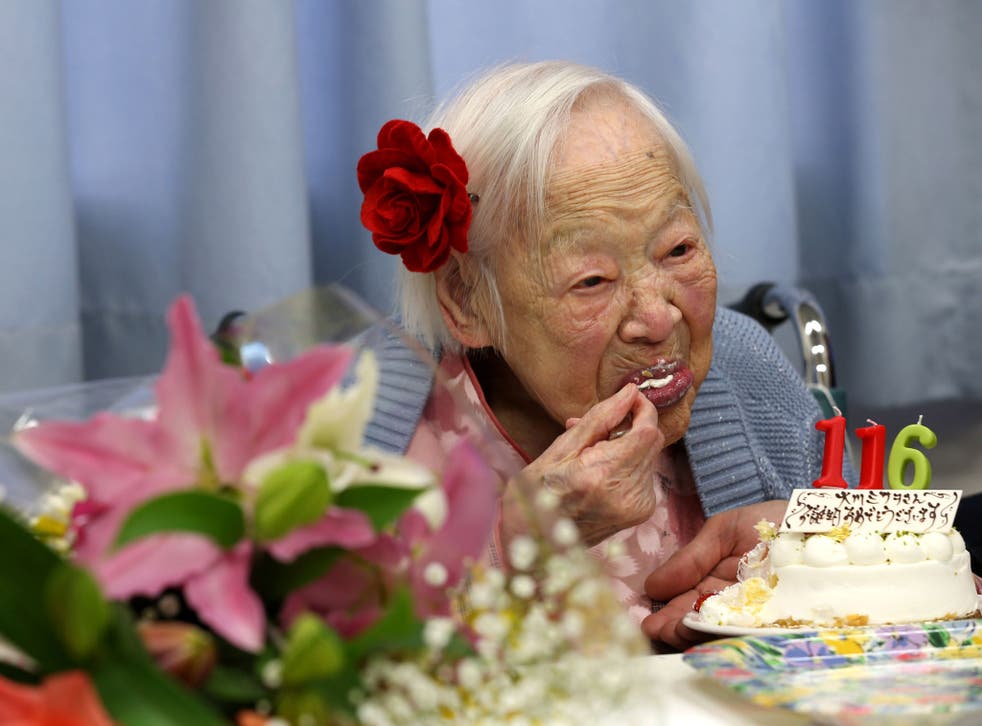 Misao Okawa, the world's oldest Japanese woman eats her birthday cake