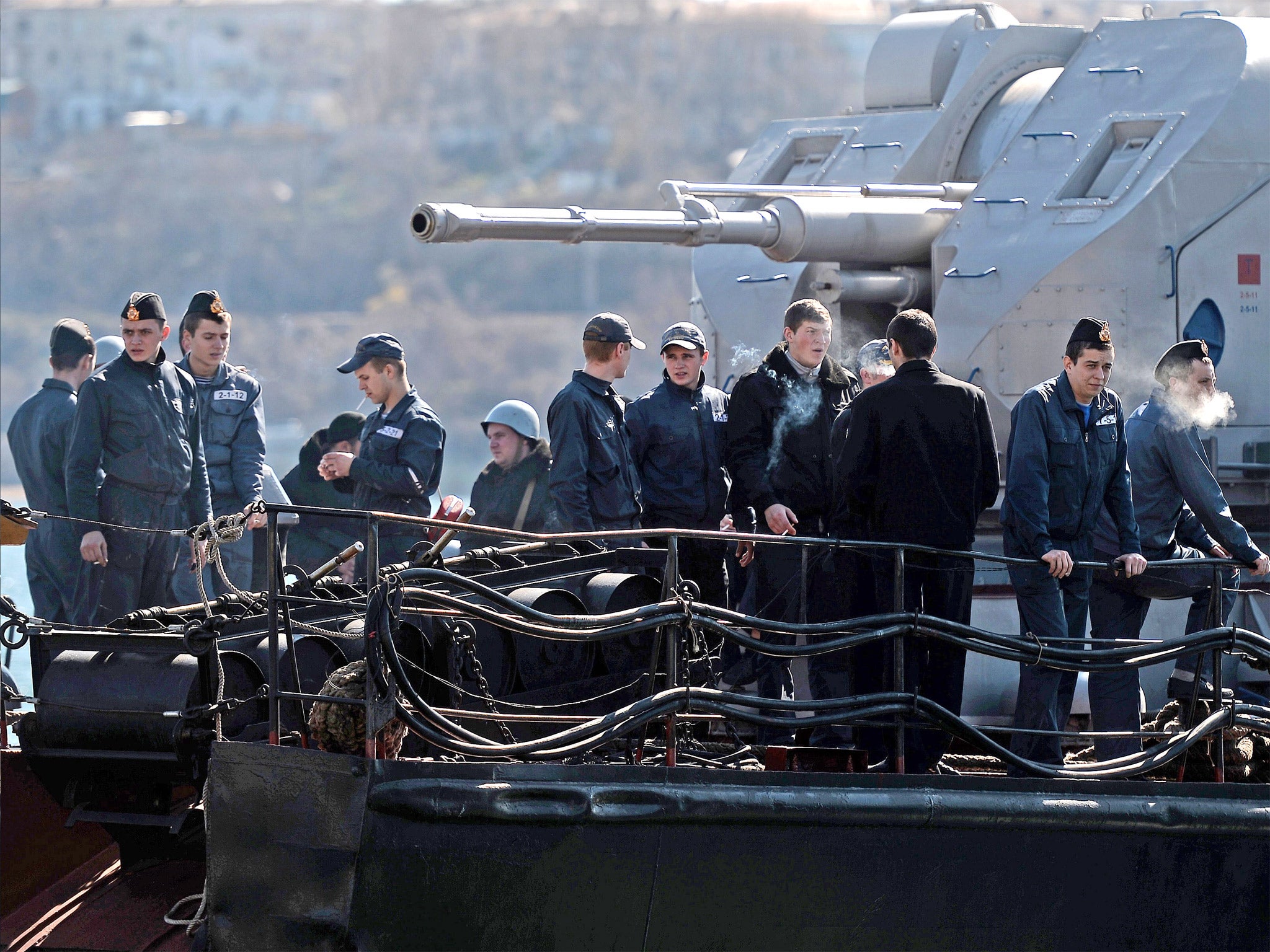 Ukrainian soldiers on board the navy corvette Ternopil in the harbor of Sevastopol yesterday