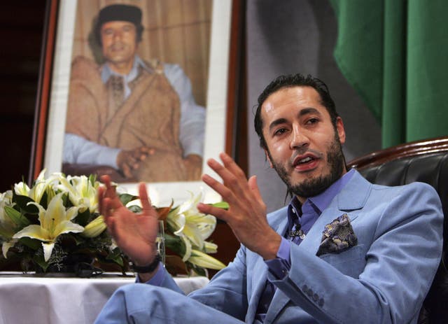 <p>Al Saadi Gaddafi, the third son of Libyan leader Muammar Gaddafi speaks at a news conference in Sydney in  2005</p>