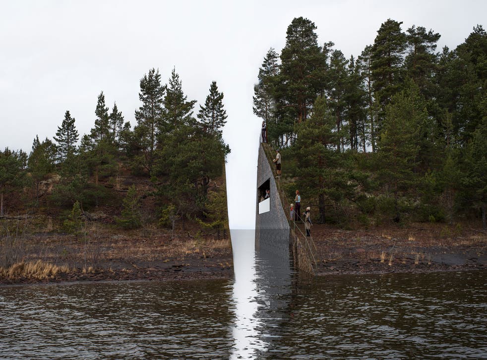 Artist Dahlberg proposes cutting a one thousand cubic meter slice out of the rock, from the mainland at Soerbraaten near Utoya site of the mass killings of  Anders Behring Breivik leaving a permanent scar on the landscape. The rubble collected will then b