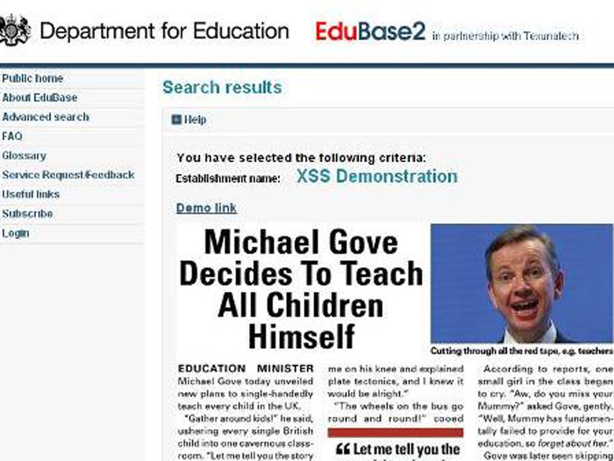 The article that appeared on the Department for Education website for a month before it was deleted