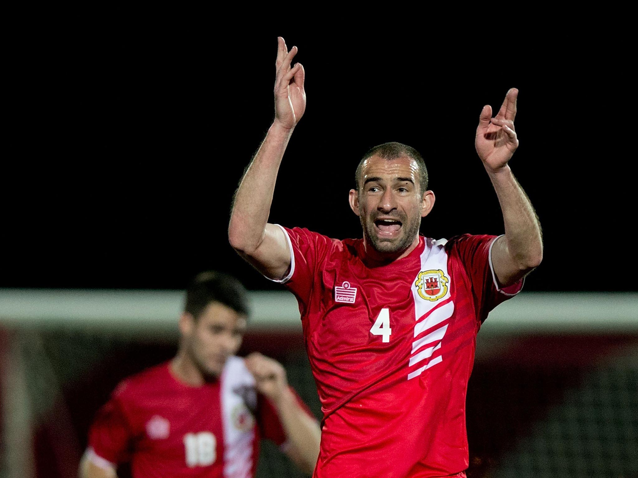 Danny Higginbotham during Gibraltar’s match against Faroe Islands