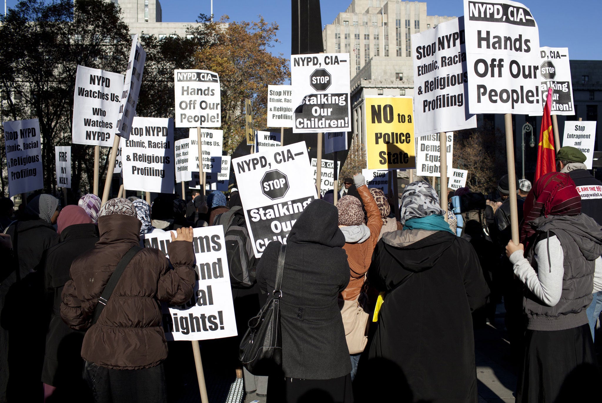 Hands off: a protest in New York against the ongoing harassment of Muslims by the city's police department and the CIA