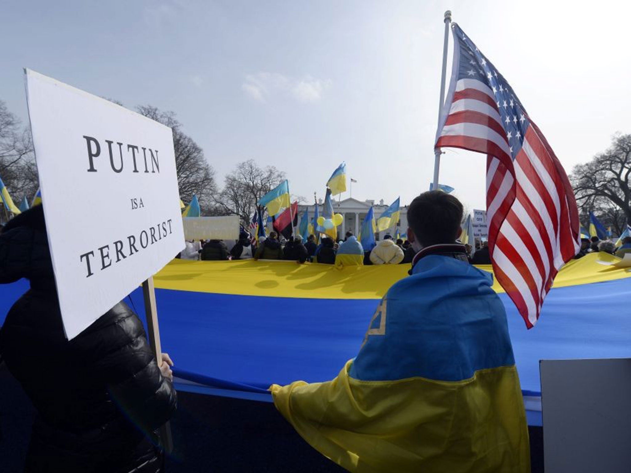 Several hundred chanting demonstrators, many waving blue-and-yellow Ukrainian flags, gathered outside the White House on Thursday to protest Russia's intervention in Crimea