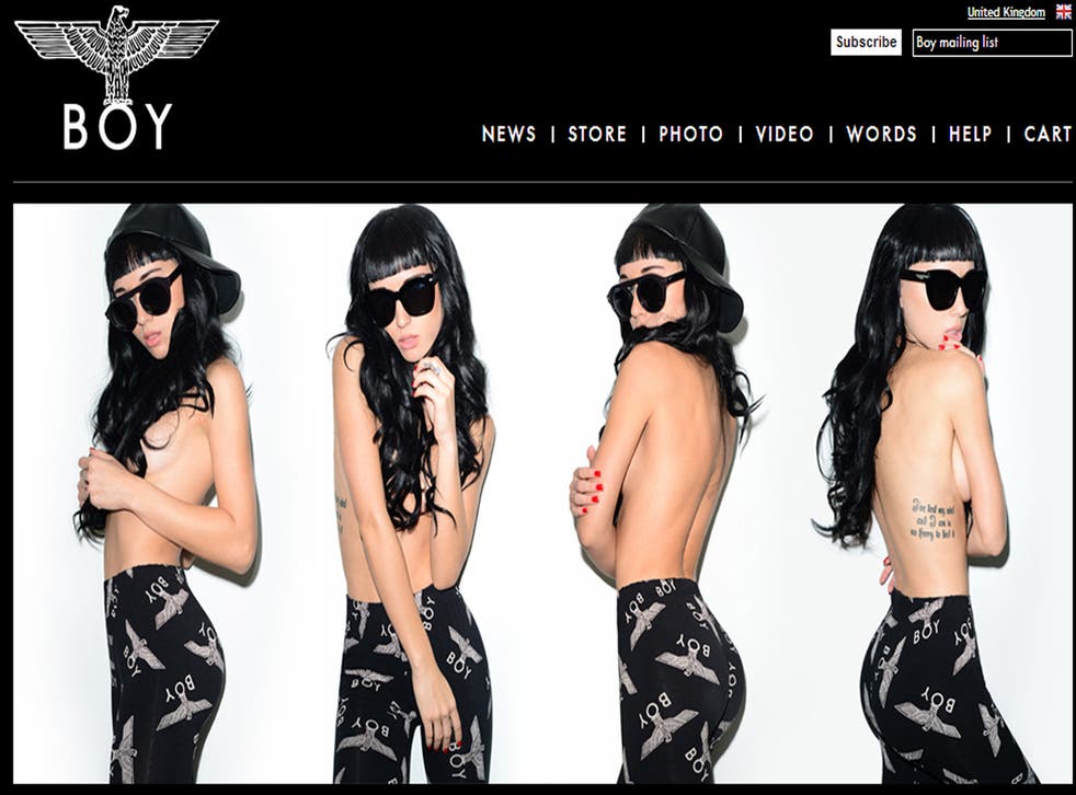 The boy-london.com site showing its eagle logo top-left and on its clothing