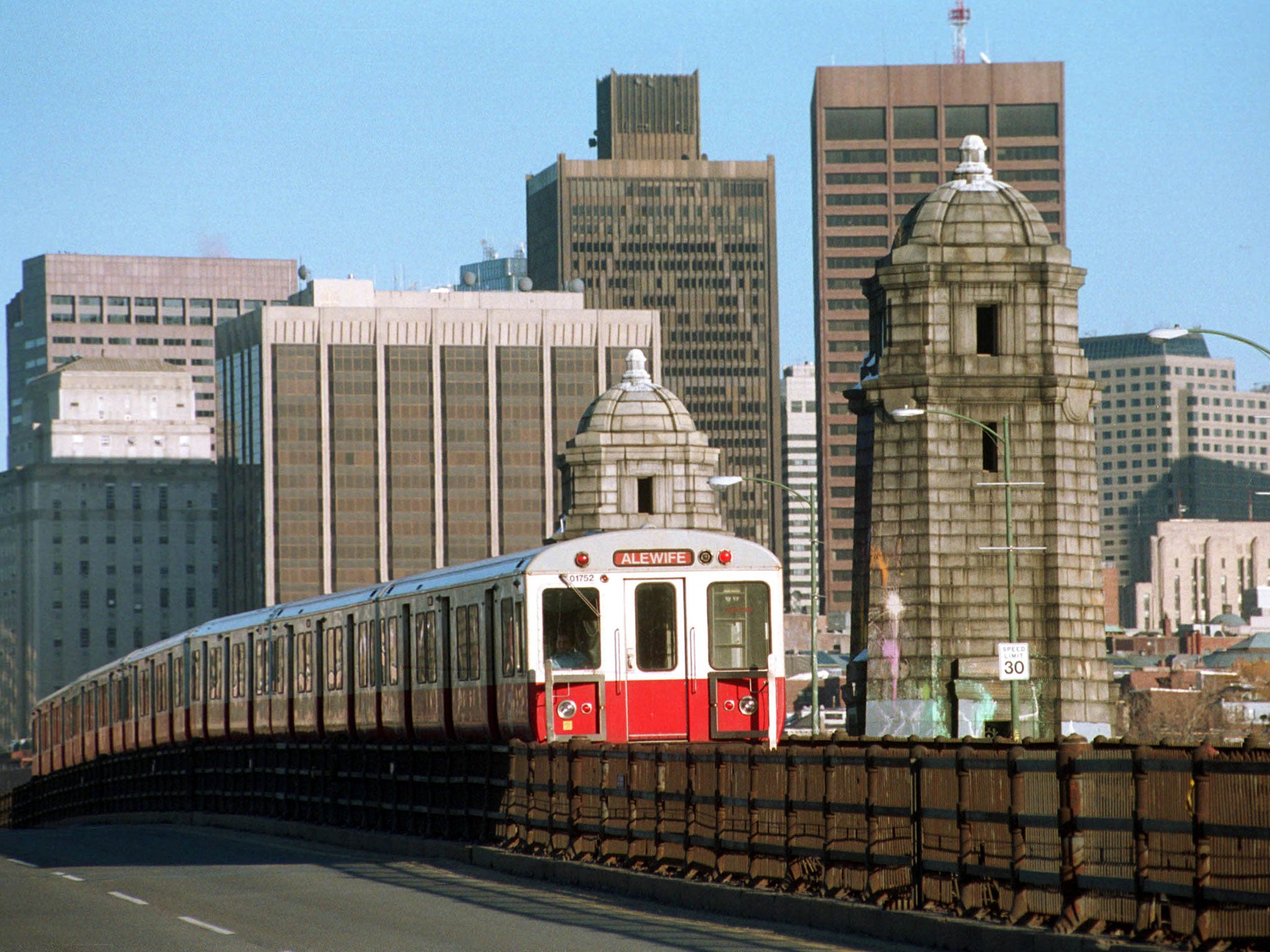 A subway car crosses the Charles River in Boston. A man was set free in March after he took photos under women's skirts and dresses on the train system.