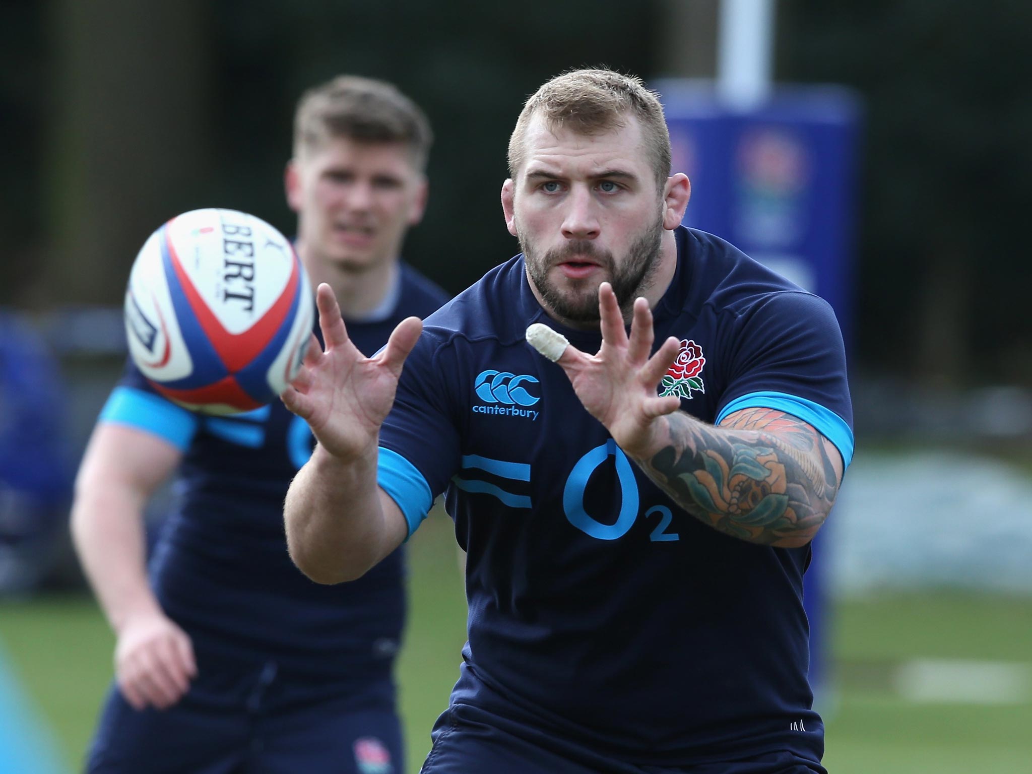Joe Marler in training with the England squad at Pennyhill Park