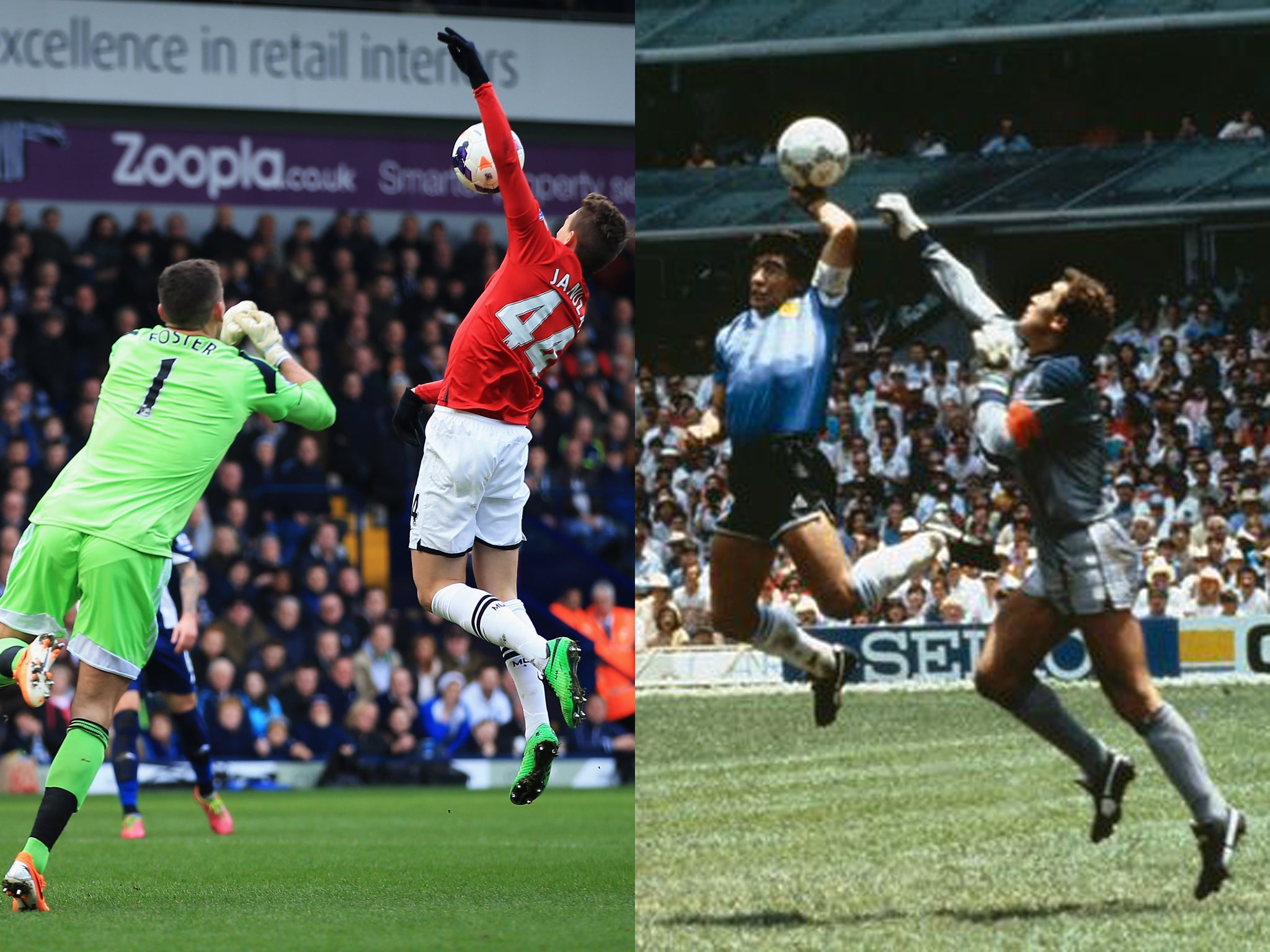 Adnan Januzaj was booked for his hand ball when trying to round West Brom goalkeeper Ben Foster, in a near-replica to Diego Maradona's 'Hand of God' against England in 1986