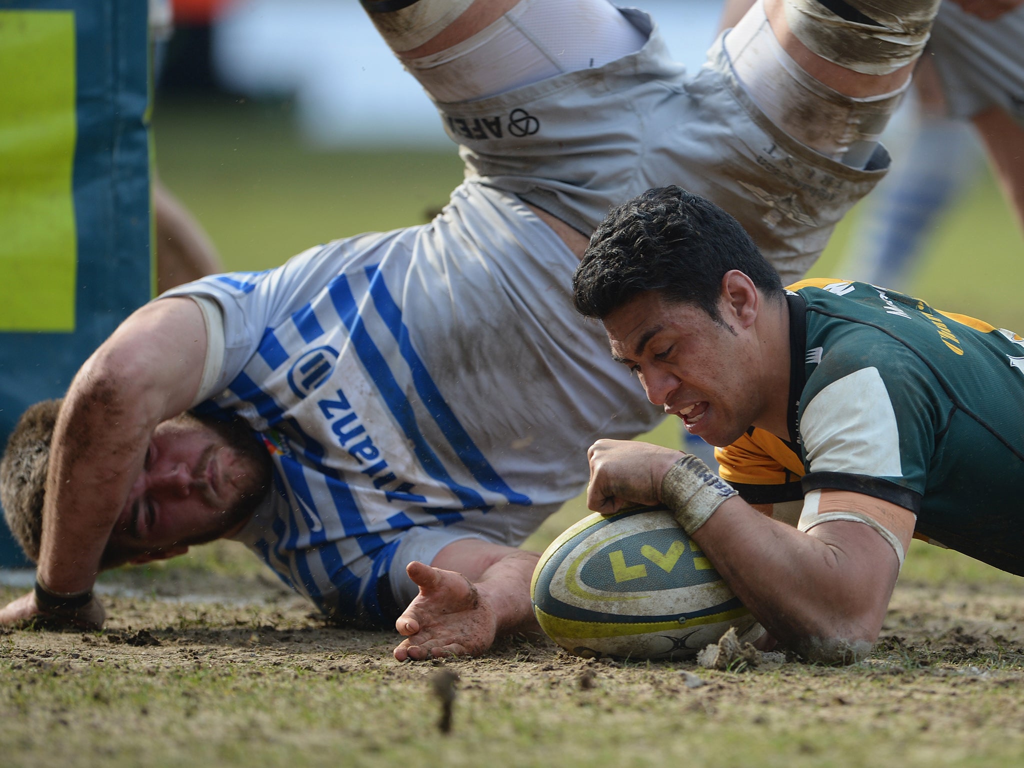 Northampton Saints centre George Pisi scores in the LV=Cup semi-final win over Saracens