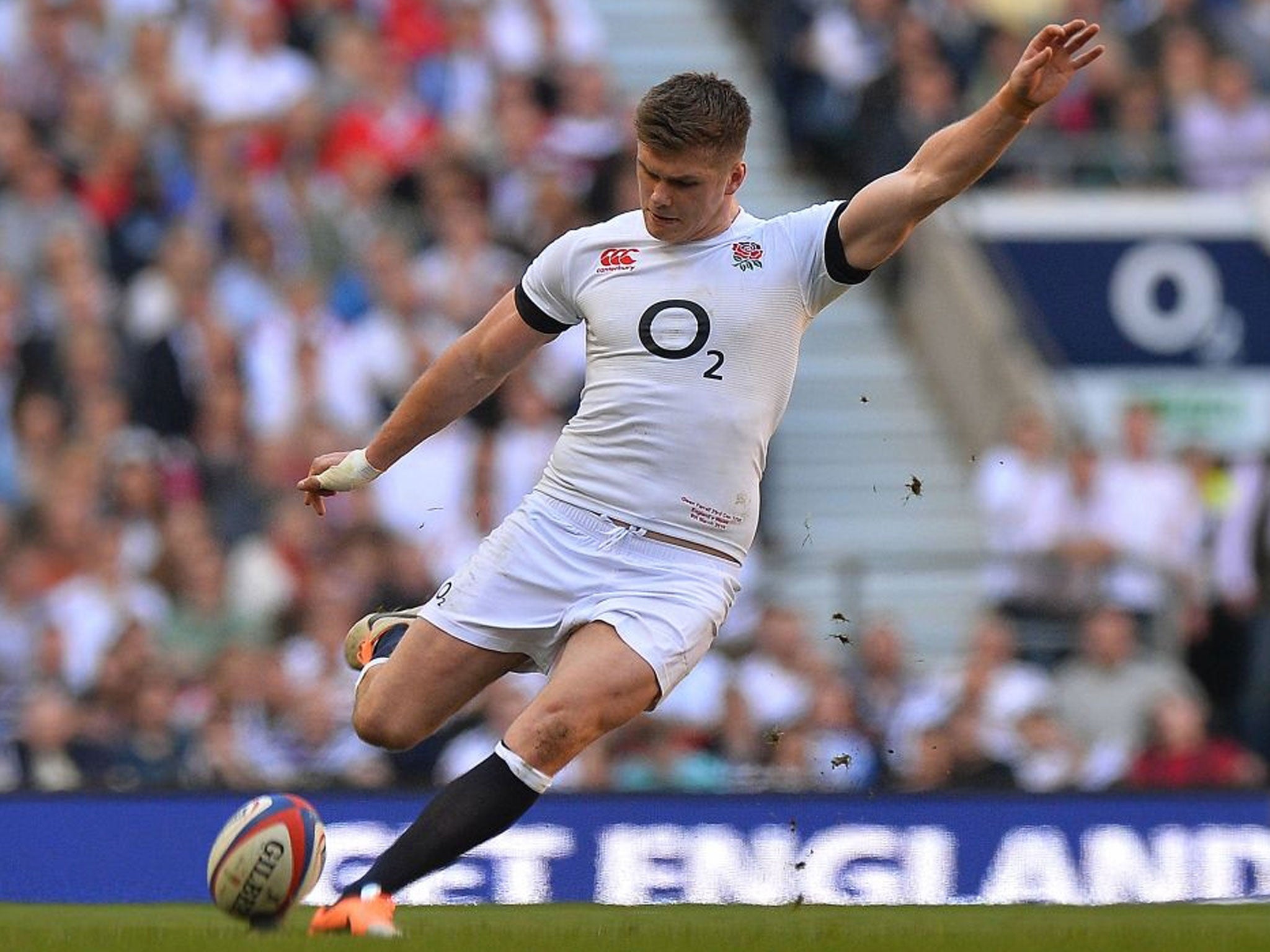 England fly-half Owen Farrell takes a penalty kick during the Six Nations International rugby Union match between England and Wales at Twickenham, West London (AFP)
