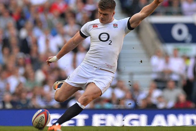 England fly-half Owen Farrell takes a penalty kick during the Six Nations International rugby Union match between England and Wales at Twickenham, West London