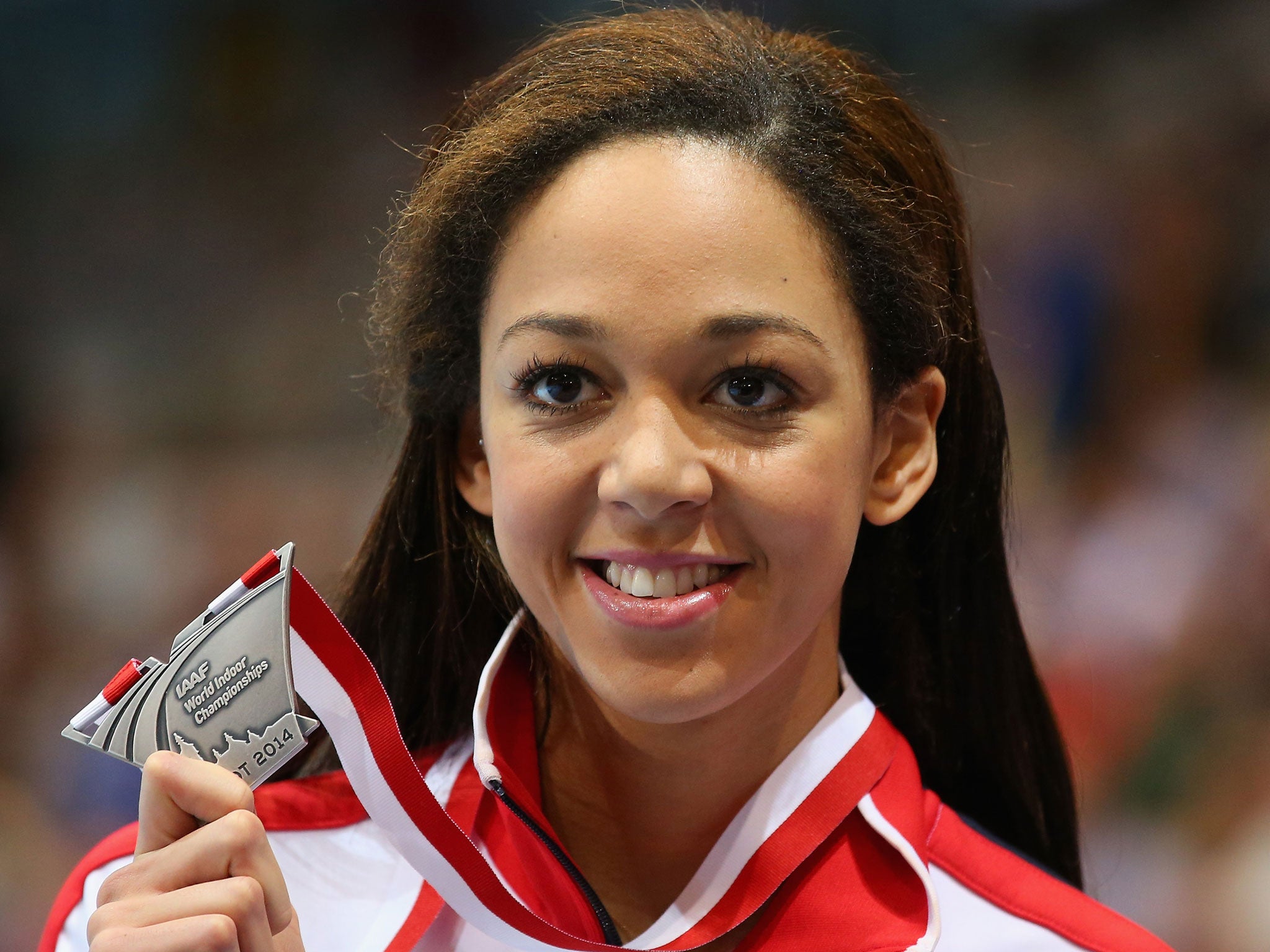 Britain's Katarina Johnson-Thompson poses with her silver medal in the Women's Long Jump