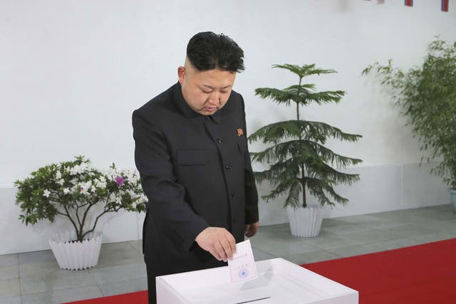North Korean leader Kim Jong Un takes part in the election of a deputy to the Supreme People's Assembly at sub-constituency No. 43 of Constituency No. 105 