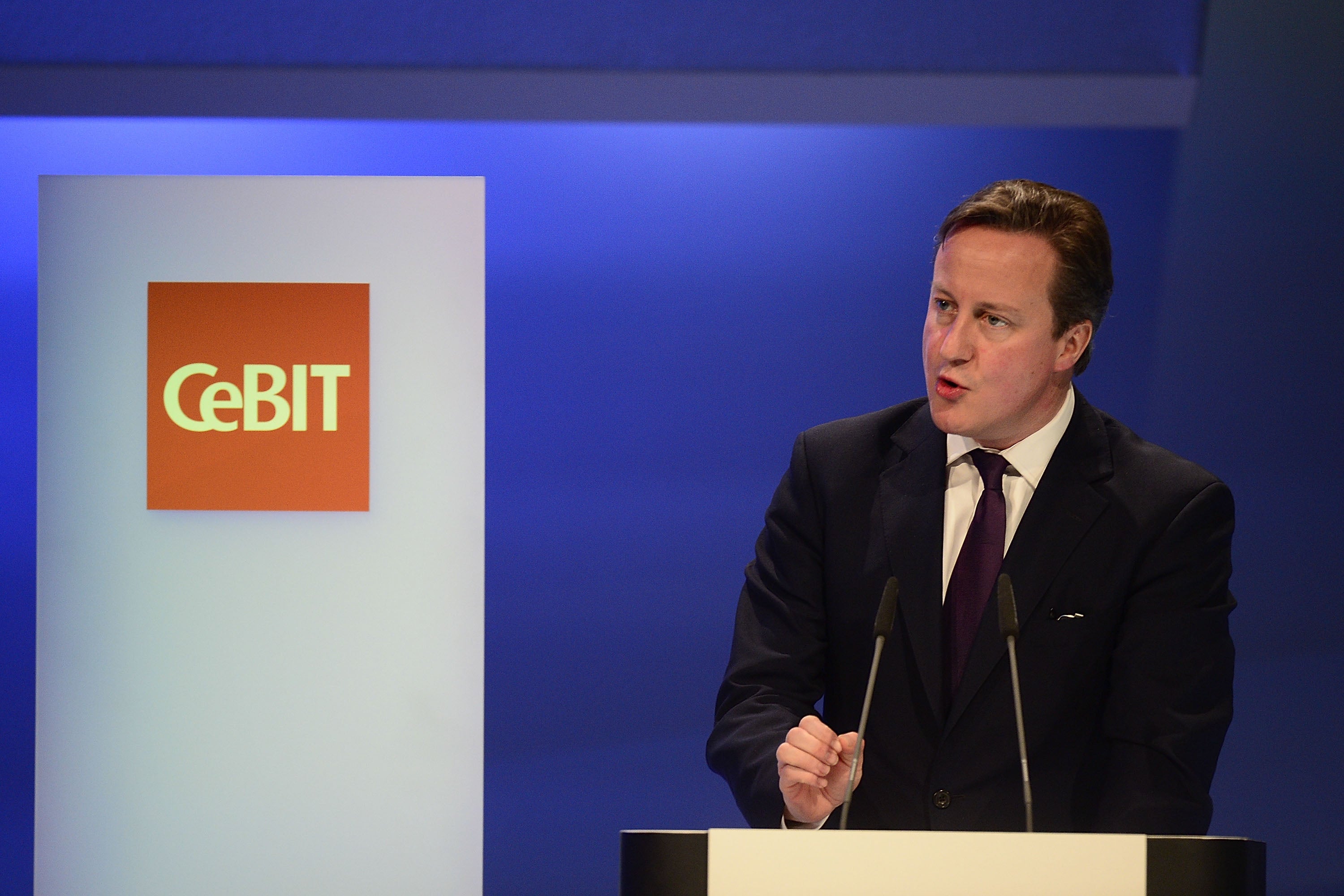 British Prime Minister David Cameron delivers a speech during the opening evening of the 2014 CeBIT technology Trade fair on March 9, 2014 in Hanover, Germany. CeBIT is the world's largest technology fair and this year's partner nation is Great Britain.