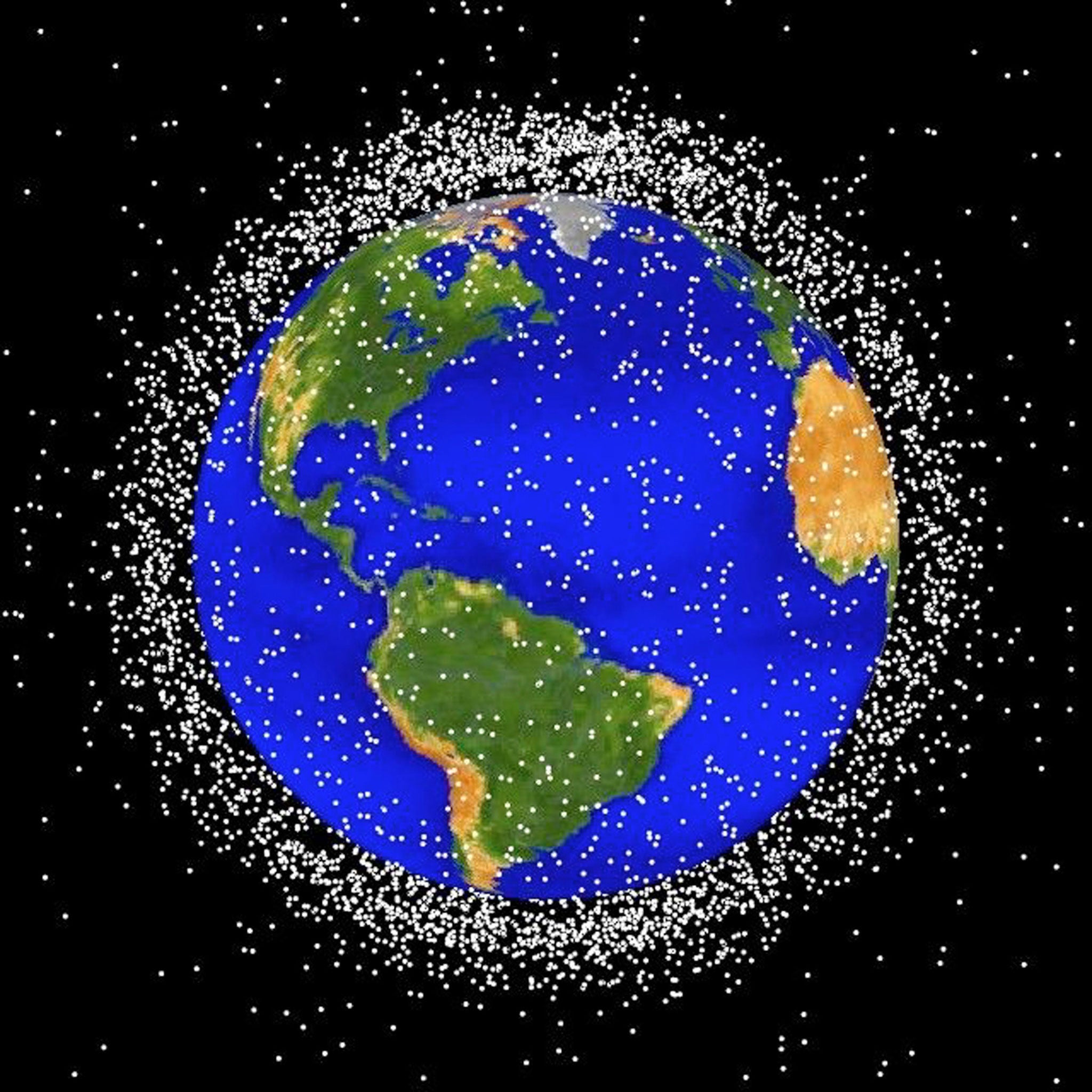 A graphical representation of the debris surrounding Earth. Experts estimate there are as many as 300,000 pieces of space junk orbiting the planet