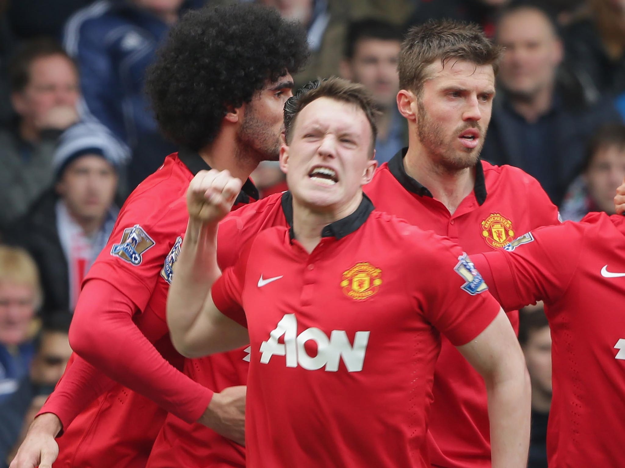 Phil Jones celebrates scoring for Manchester United in the 3-0 victory over West brom