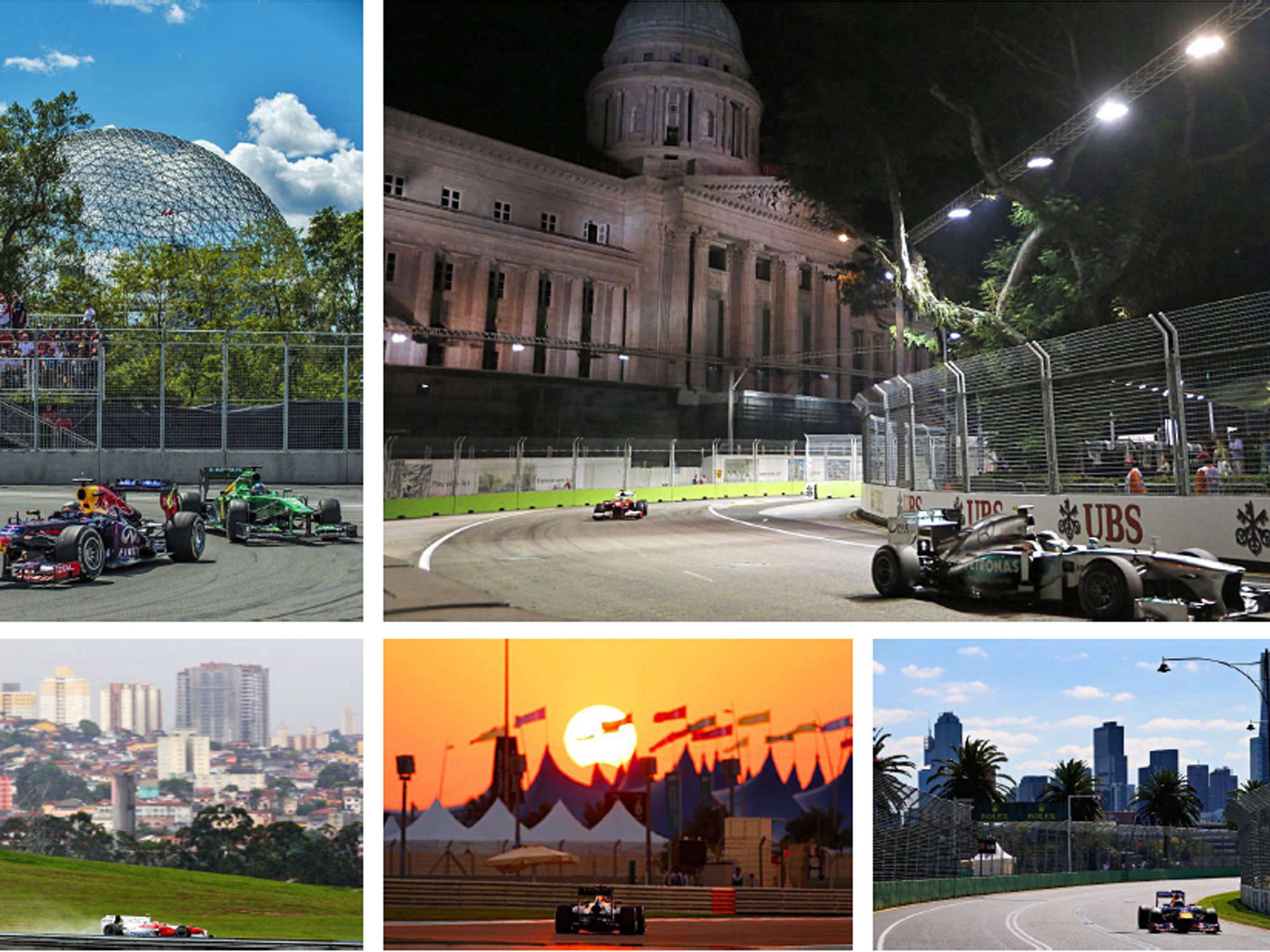 Fast track: (clockwise from top left) the Canadian Grand
Prix in Montreal; the Singapore night race; Albert Park track,
Melbourne; Abu Dhabi at sunset; Sao Paulo, Brazil