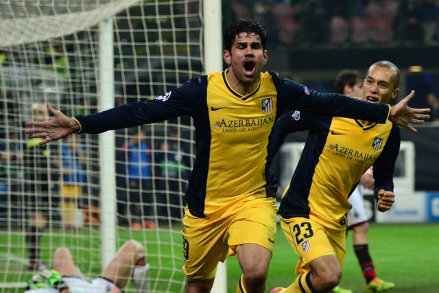 Diego Costa of Altetico Madrid celebrates scoring a Champions League goal against AC Milan