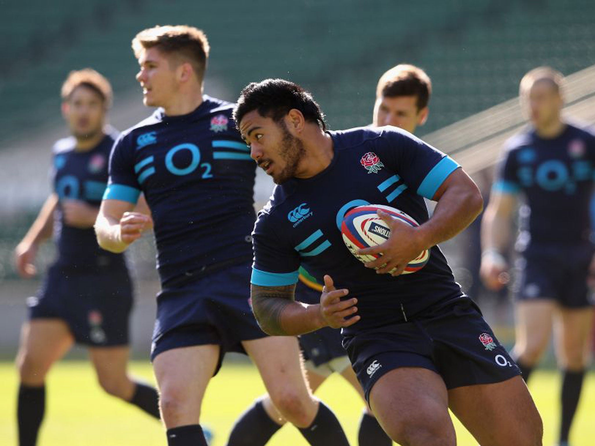 Leicester star Manu Tuilagi takes part in an England training session