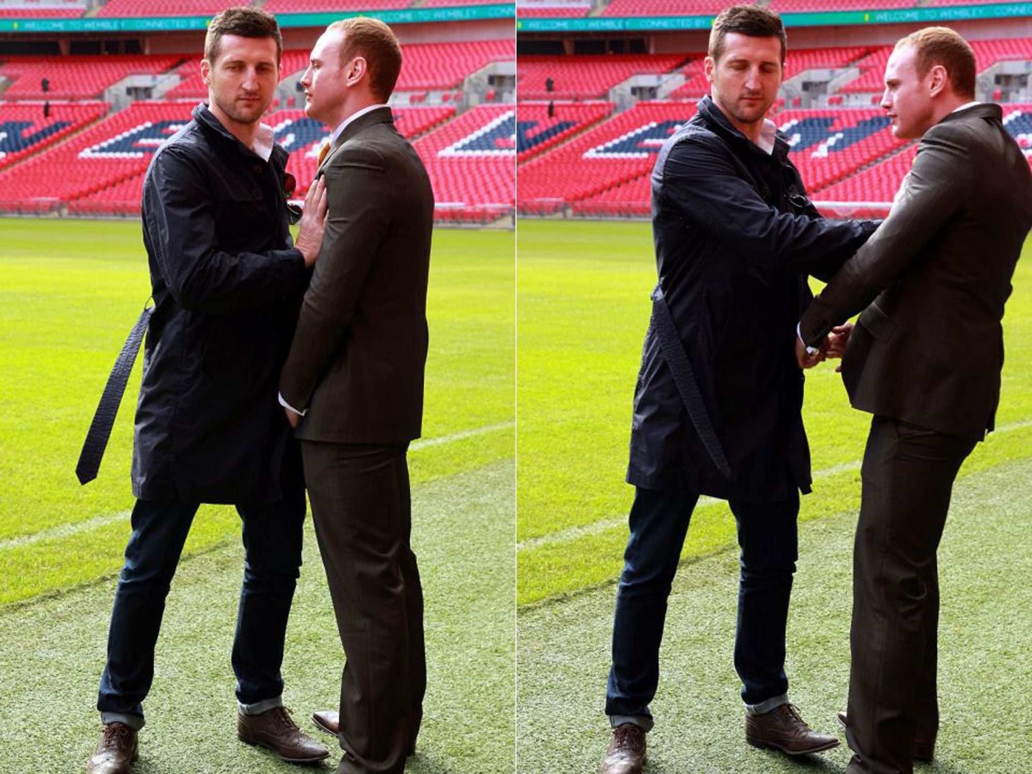 Carl Froch and George Groves square up at Wembley before Froch shoves Groves away