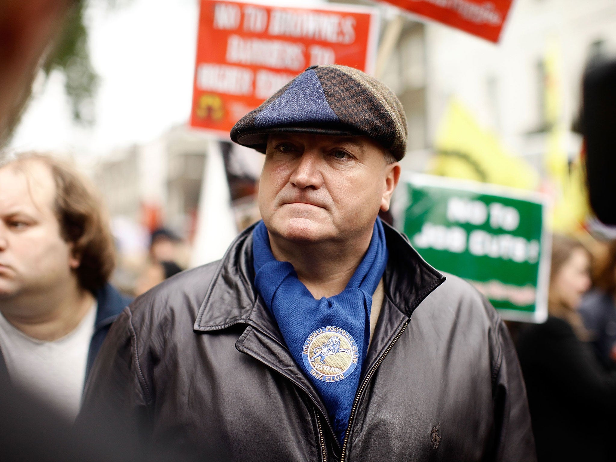 Bob Crow, General Secretary of the RMT union, attends with other activists and demonstrators a rally at Bedford Square to protest against government spending cuts in central London