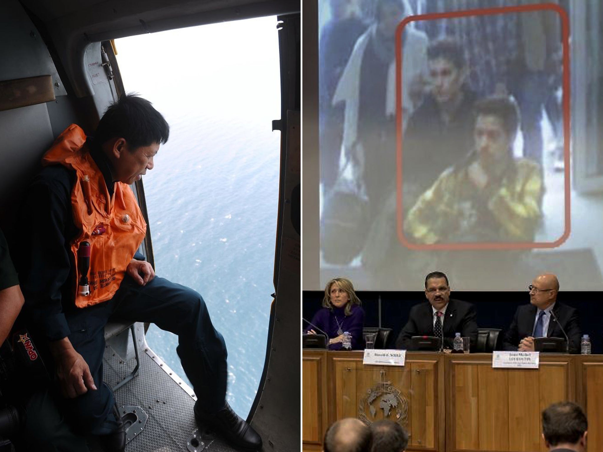 The search for missing flight MH370 continues (left) as the image of two Iranians travelling on the flight with stolen passports is displayed on a screen at the Interpol headquarters in France