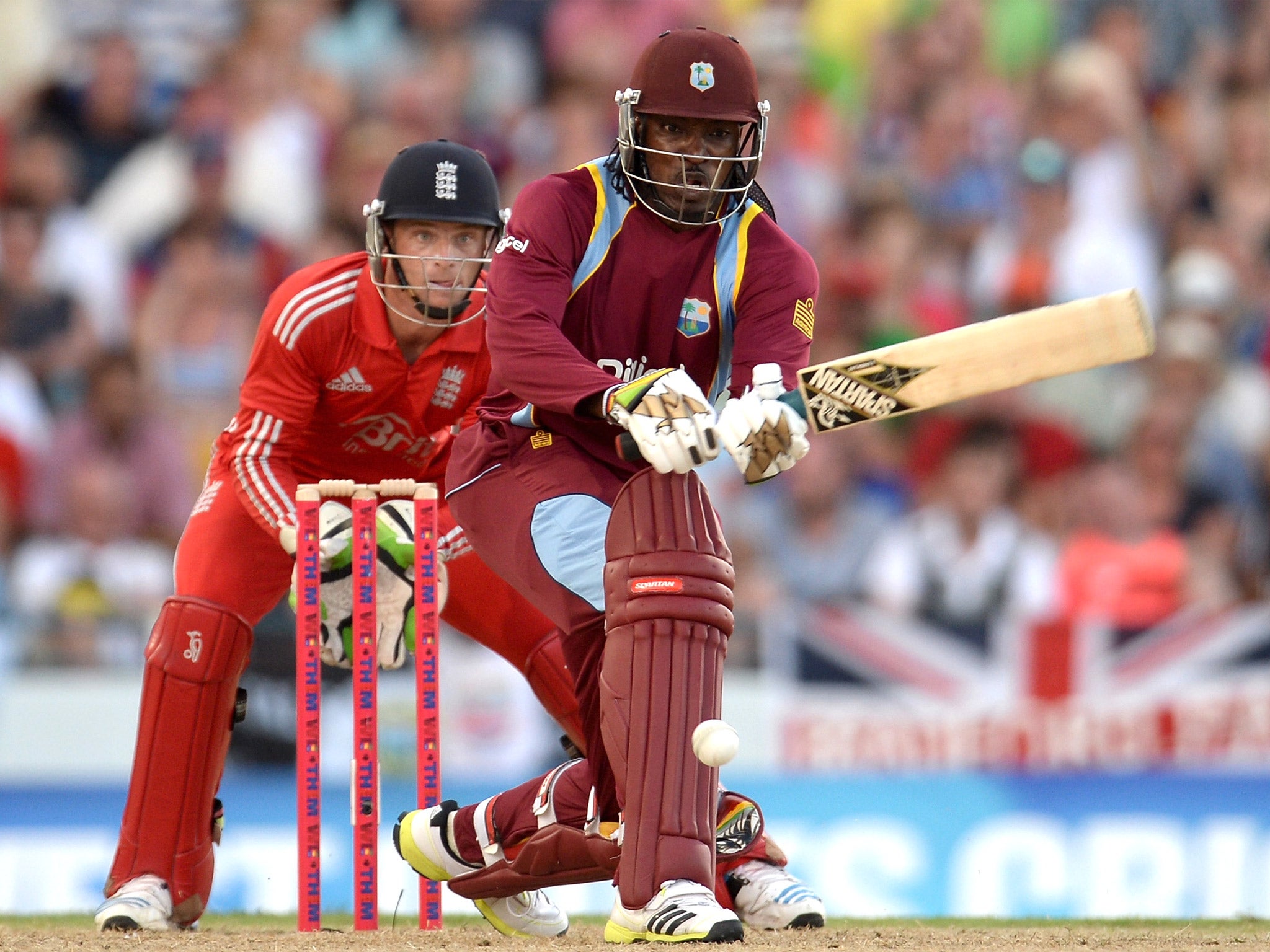Chris Gayle lines up a shot on his way to 36 in Bridgetown