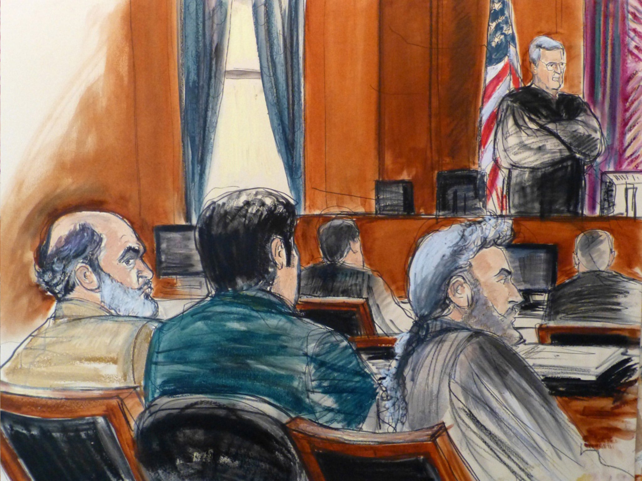 A courtroom sketch depicts the trial of Sulaiman Abu Ghaith in New York