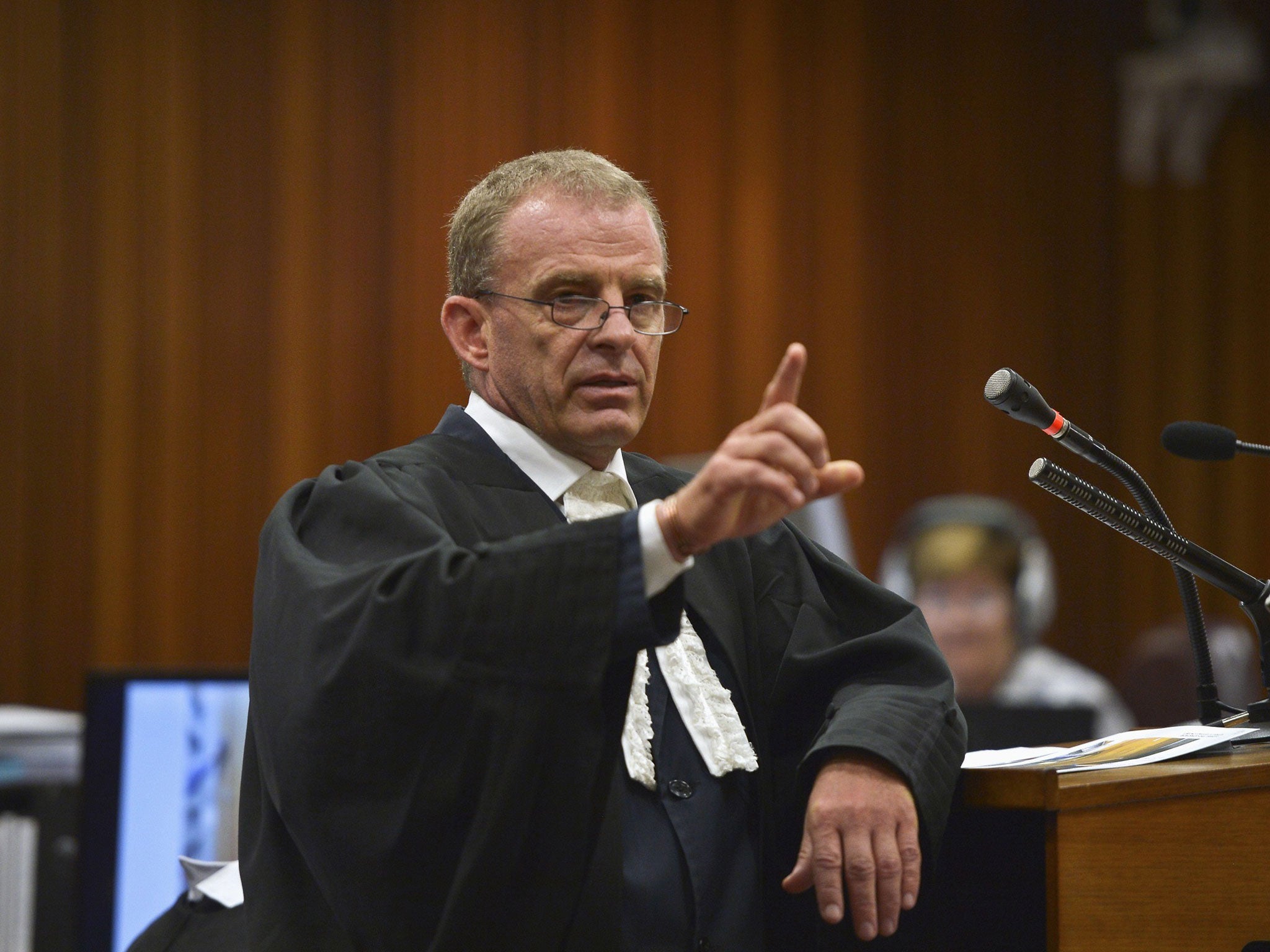 State prosecutor Gerrie Nel makes a point during the trial of Oscar Pistorius at the North Gauteng High Court in Pretoria