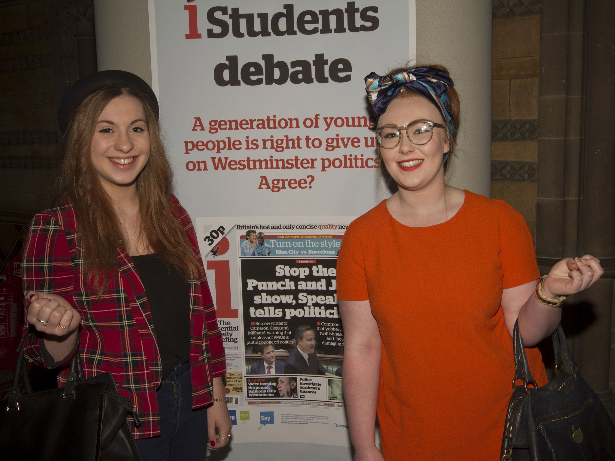 Kitty Wiper and Harriet Childs pictured at Manchester Town Hall before the i debate