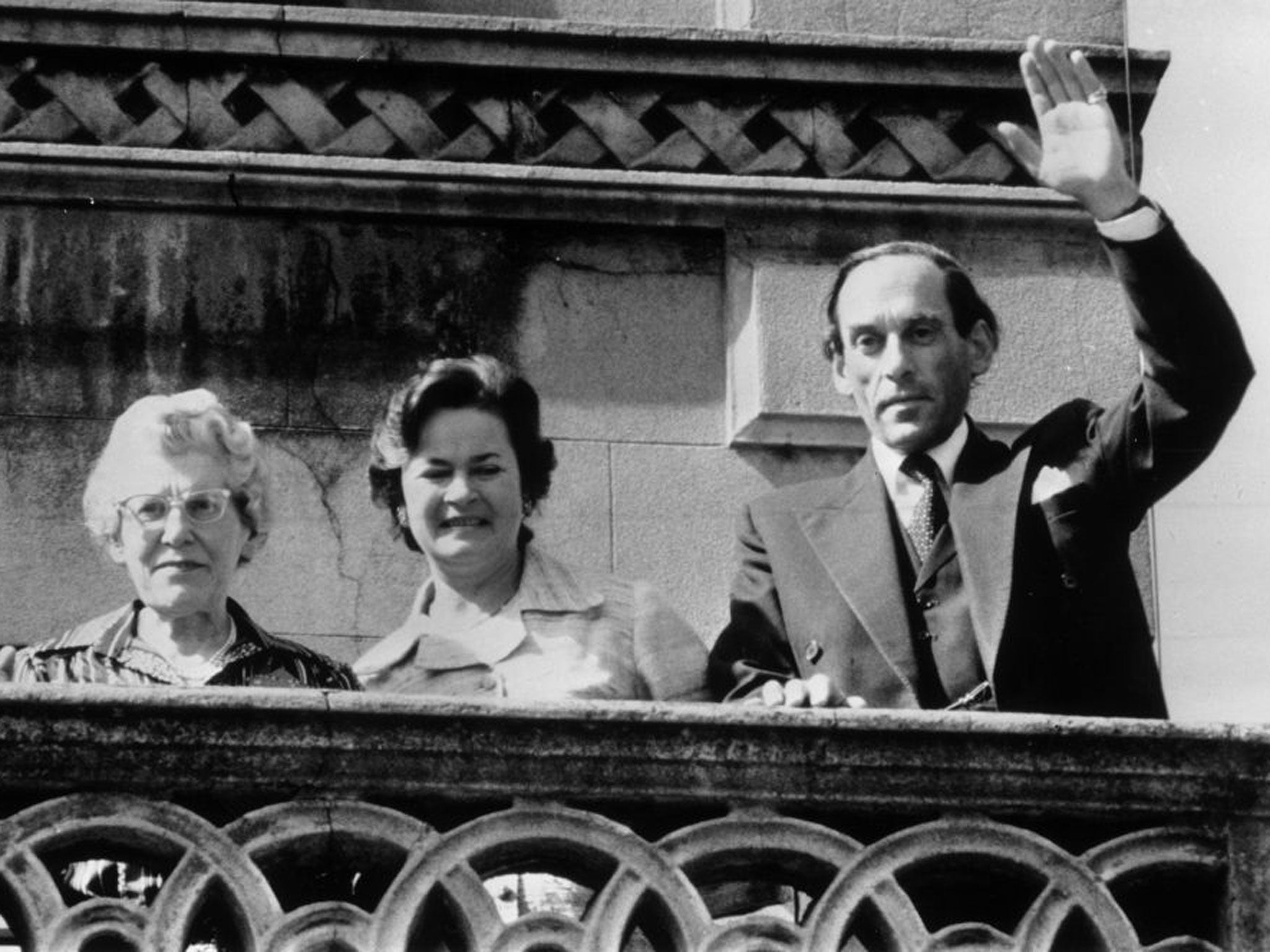 Thorpe, centre, in 1979 with her husband Jeremy and his mother after he was cleared of conspiracy to murder