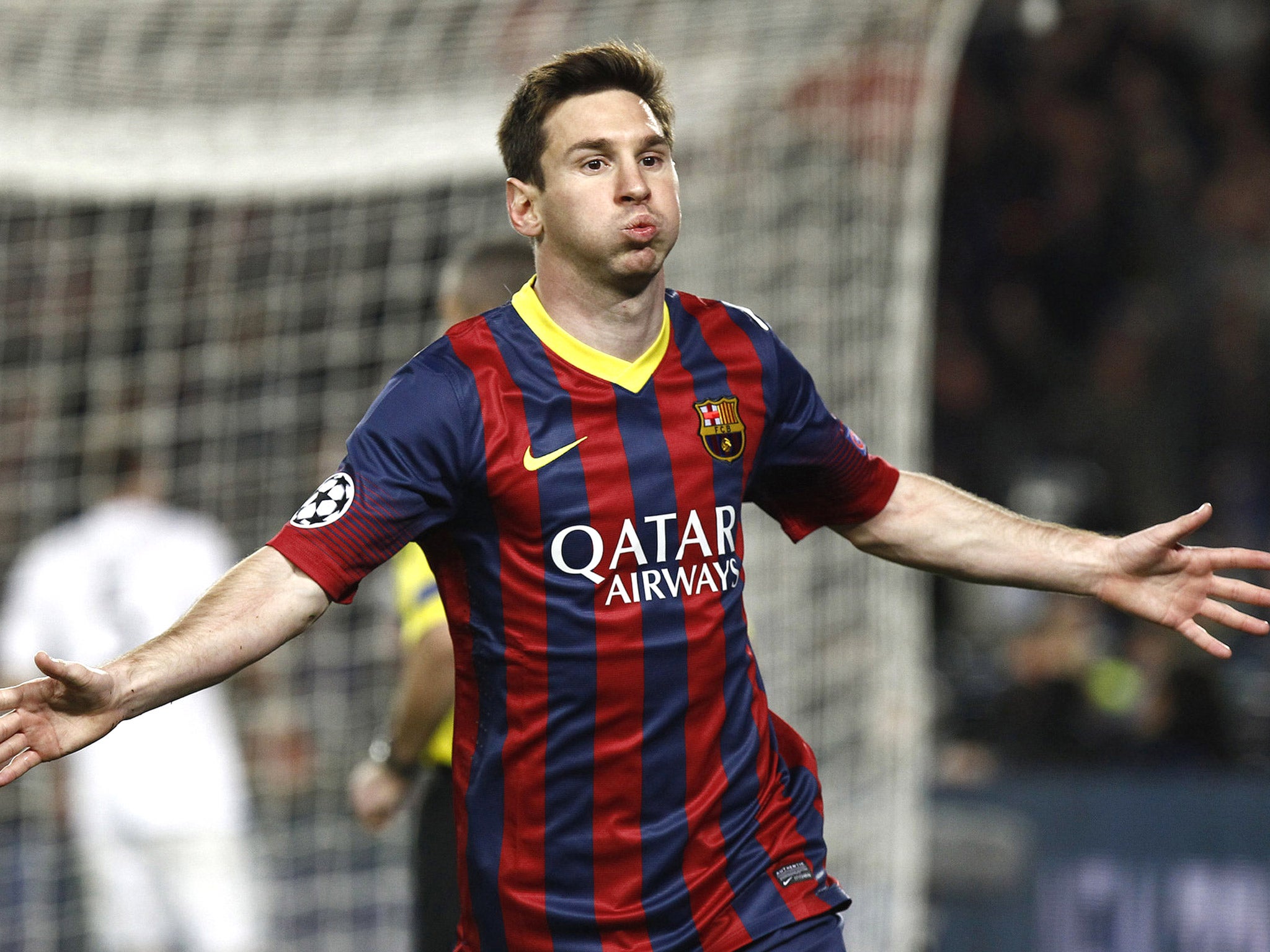 Lionel Messi celebrates his goal for Barcelona