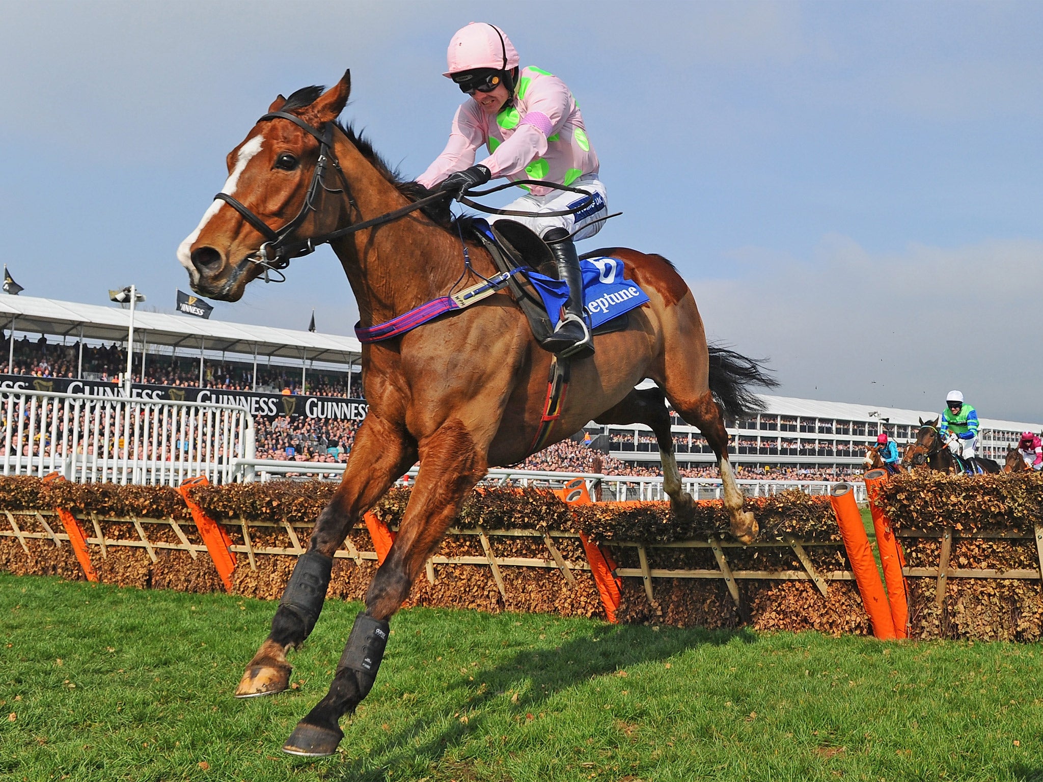 Ruby Walsh on Faugheen clears the last on their way to victory in the Neptune Novices’ Hurdle – his 41st win at the Festival