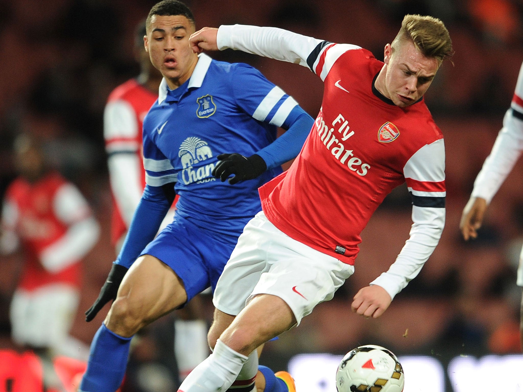 Jack Jebb (right) fends off Everton's Courtney Duffus during Arsenal's 3-1 FA Youth Cup quarter-final win at the Emirates Stadium
