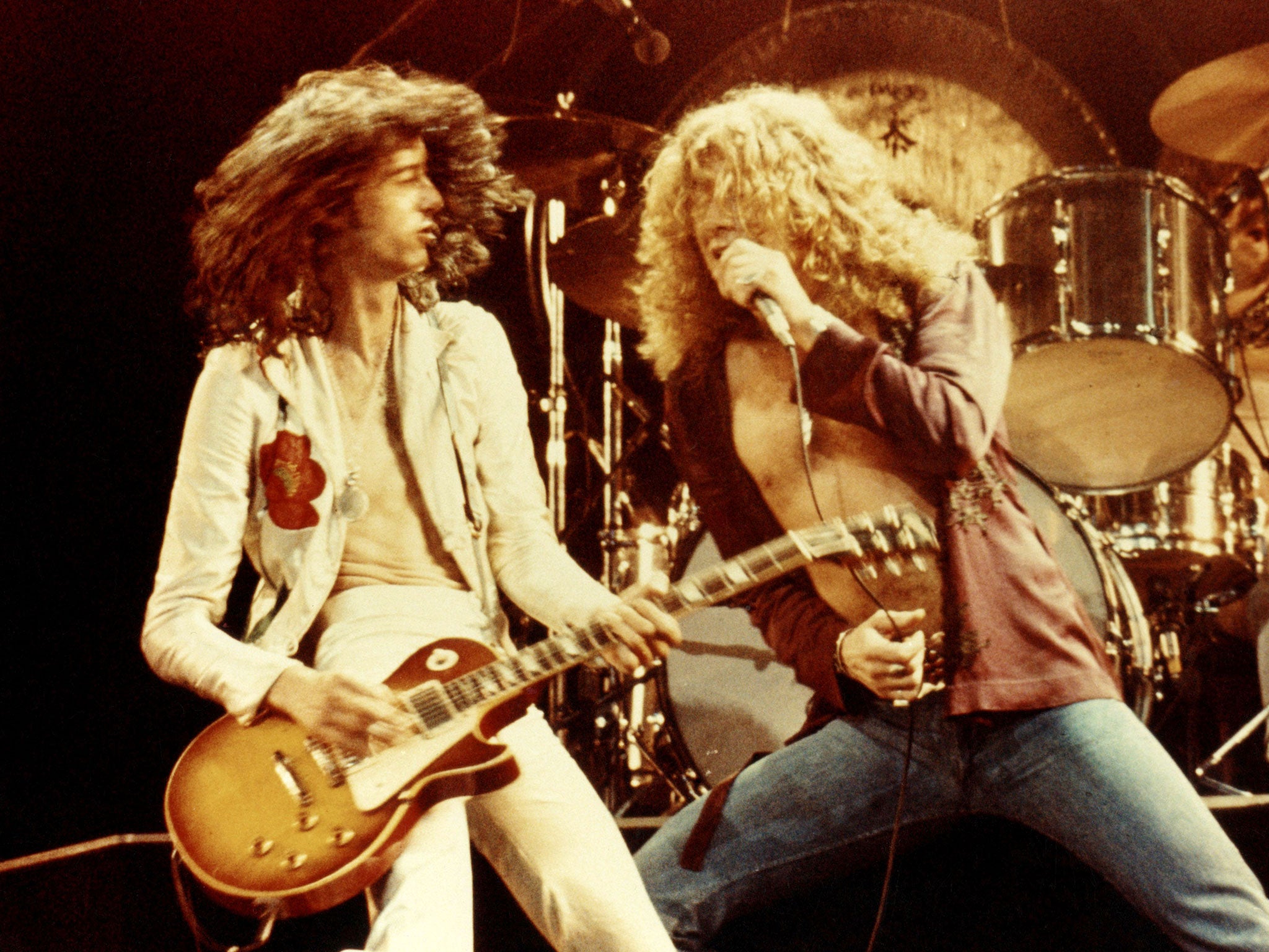 Jimmy Page and Robert Plant perform a Led Zeppelin gig in 1976
