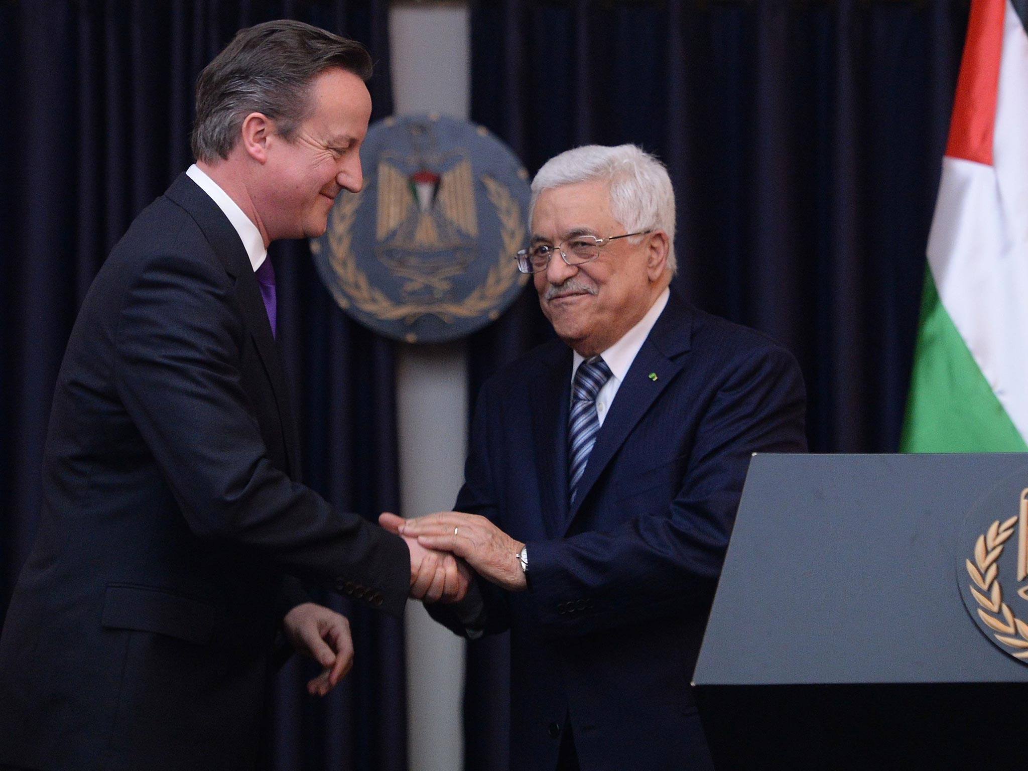 Prime Minister David Cameron holds a news conference with Palestinian president Mahmoud Abbas
