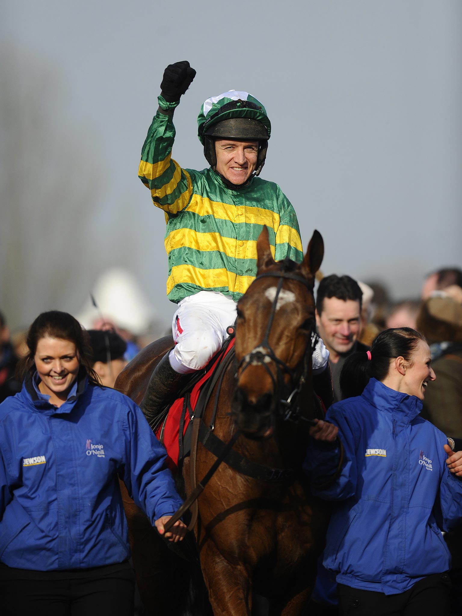 Barry Geraghty celebrates victory in the World Hurdle aboard More Of That, who was running in only his fifth race