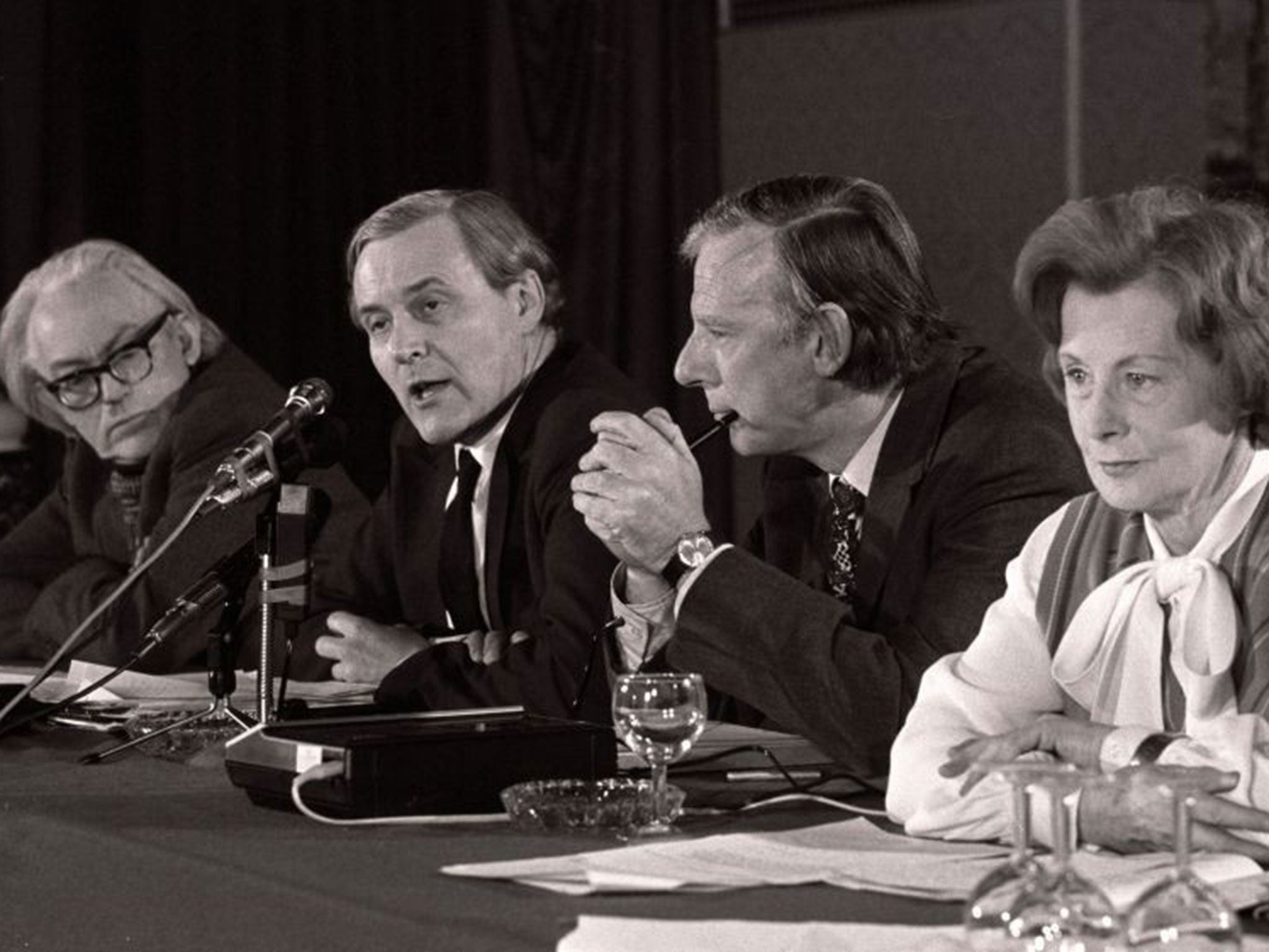 Tony Benn speaking alongside other anti-Common Market Ministers Michael Foot, Peter Shore and Barbara Castle in 1975