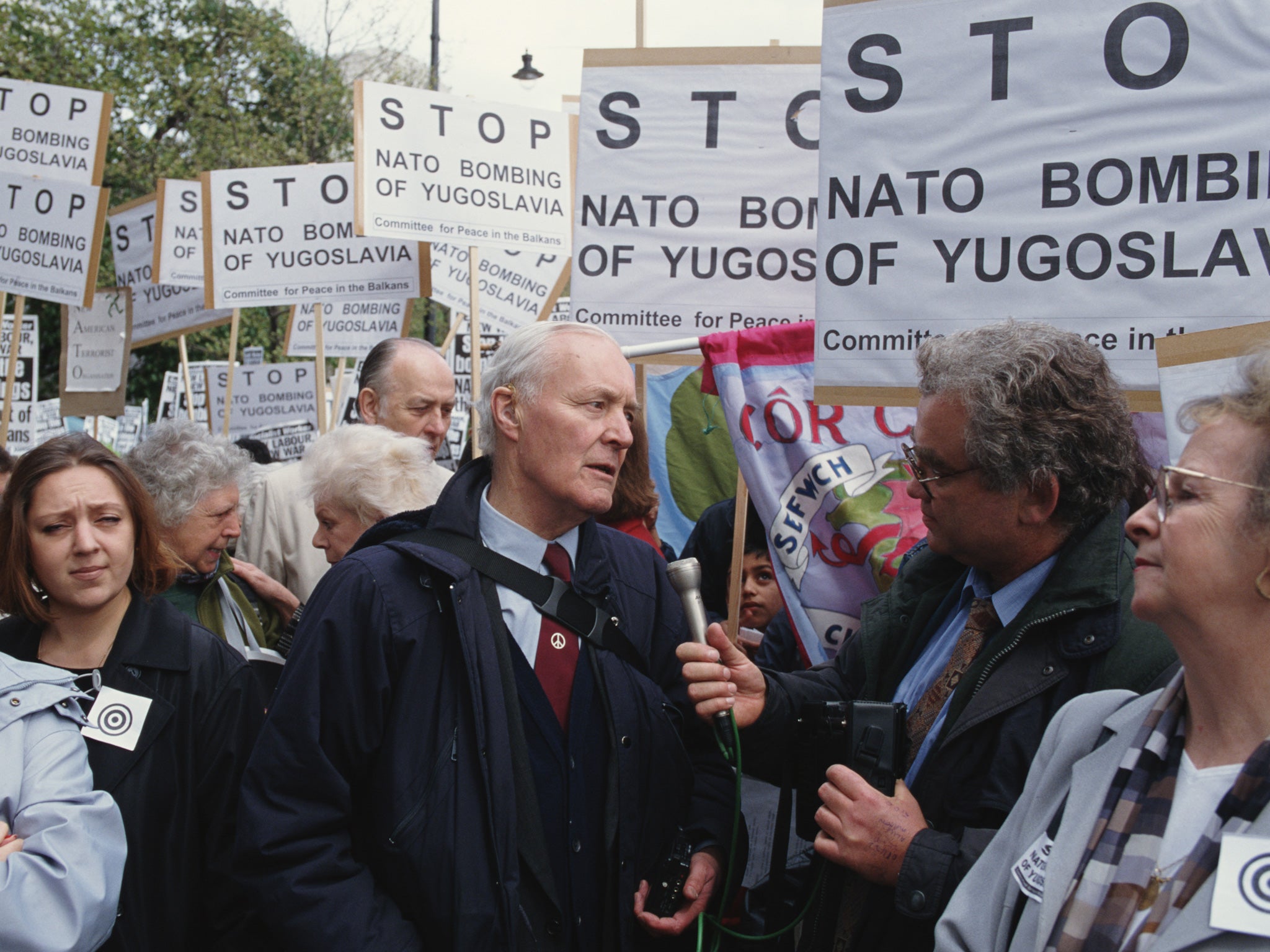 April 1999: Tony Benn at a demonstration to protest against Nato's bombing of Yugoslavia during Operation Allied Force