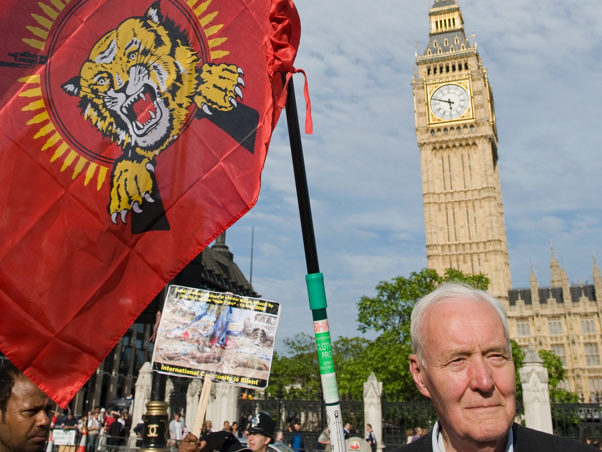 May 2009: Tony Benn attends a vigil organized by Tamil Students in Parliament Square, held the vigil to remember victims of the civil war in Sri Lanka