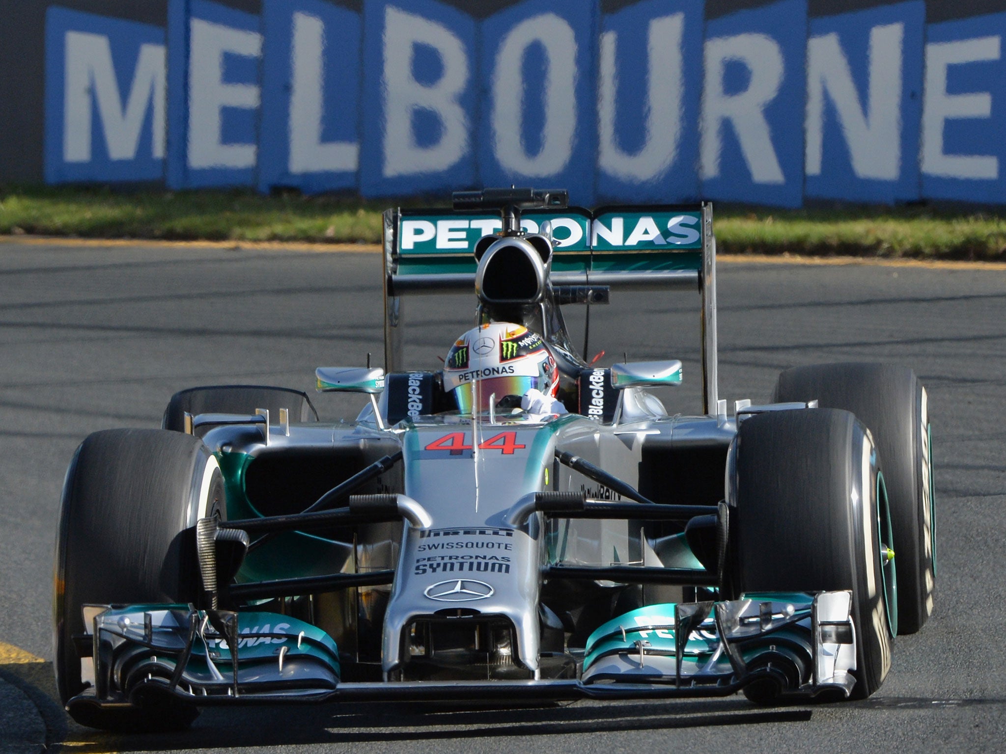 Mercedes driver Lewis Hamilton of Britain powers through a corner during the second practice session of the Australian Grand Prix in Melbourne