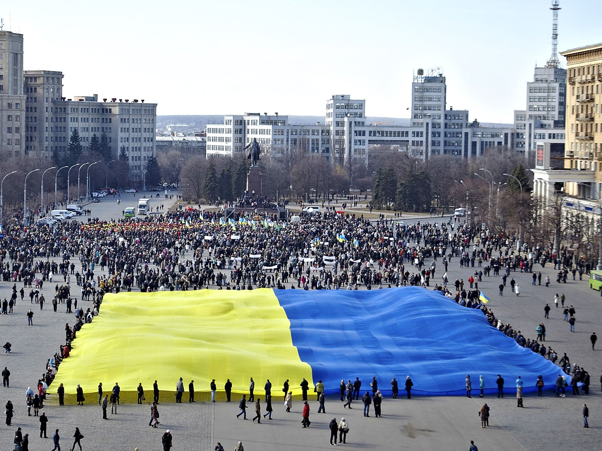 Pro-Ukrainian activists demonstrate a huge yellow-and-blue Ukrainian flag during a rally in support of Ukraine's territorial integrity in the eastern city of Kharkiv 