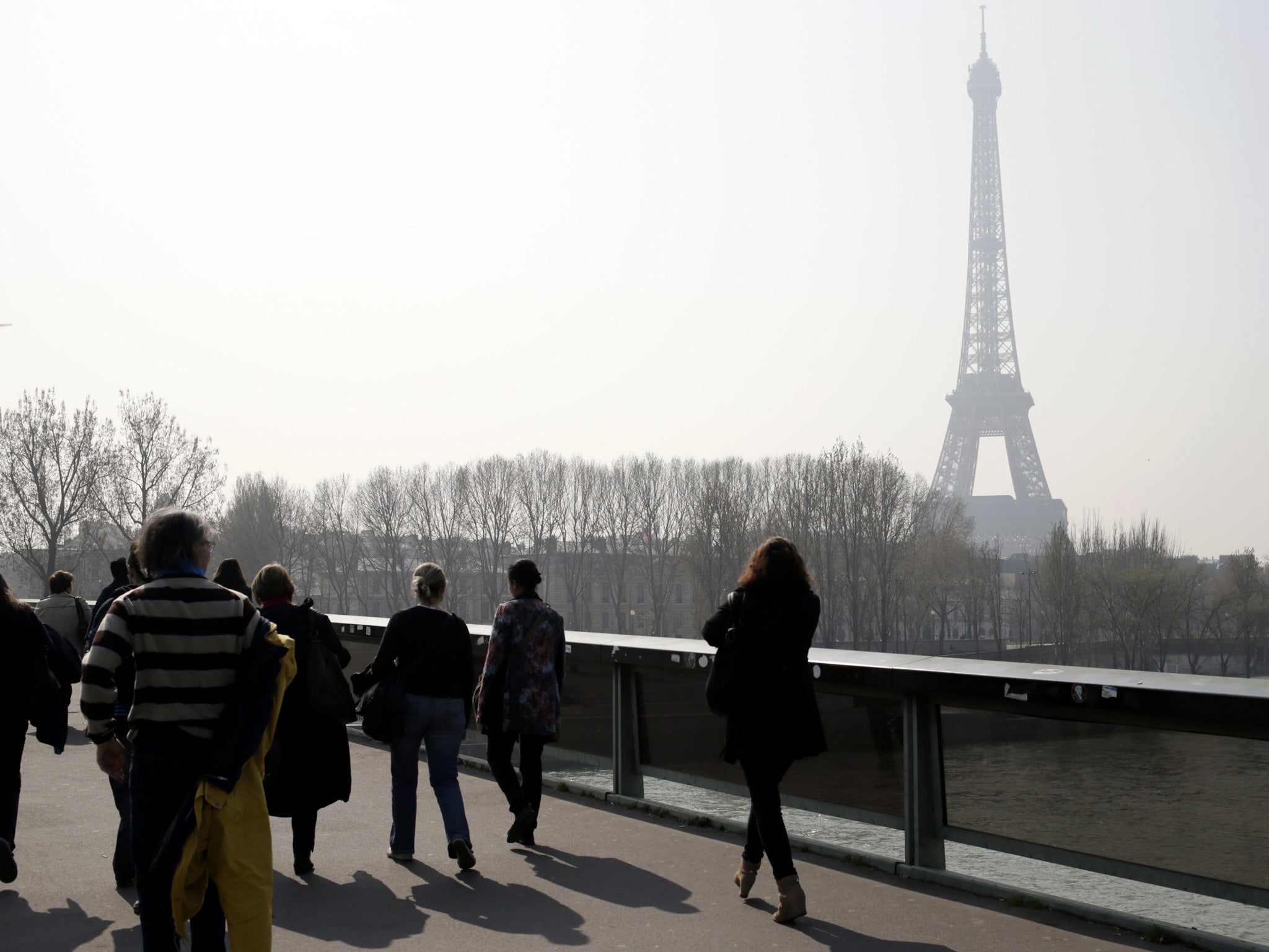 A picture taken on 14 March 2014 shows the Eiffel tower in central Paris through a haze of pollution. More than 30 departments in France have been hit by maximum level pollution alerts