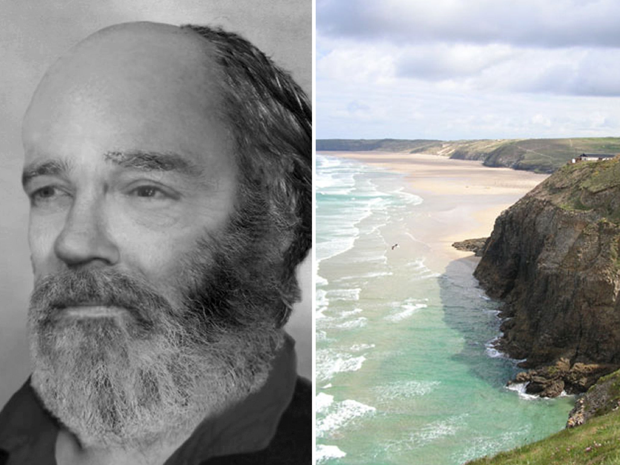 Left: Hand out image of Alan Eric Jeal; Right: Perranporth beach where he was found dead