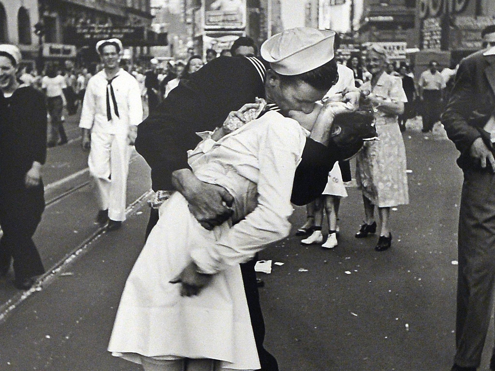 A snapshot of 'VJ Day a Times Square, New York, NY, 1945' by Alfred Eisenstaedt during the 'Life. The great photographers' exhibition at the auditorium on April 30, 2013 in Rome.