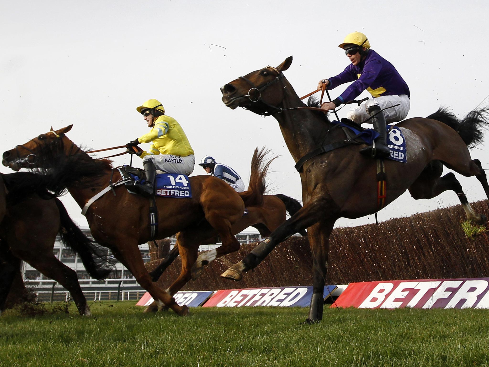 Davy Russell and Lord Windermere jump the second-to-last fence on their way to glory in the Gold Cup