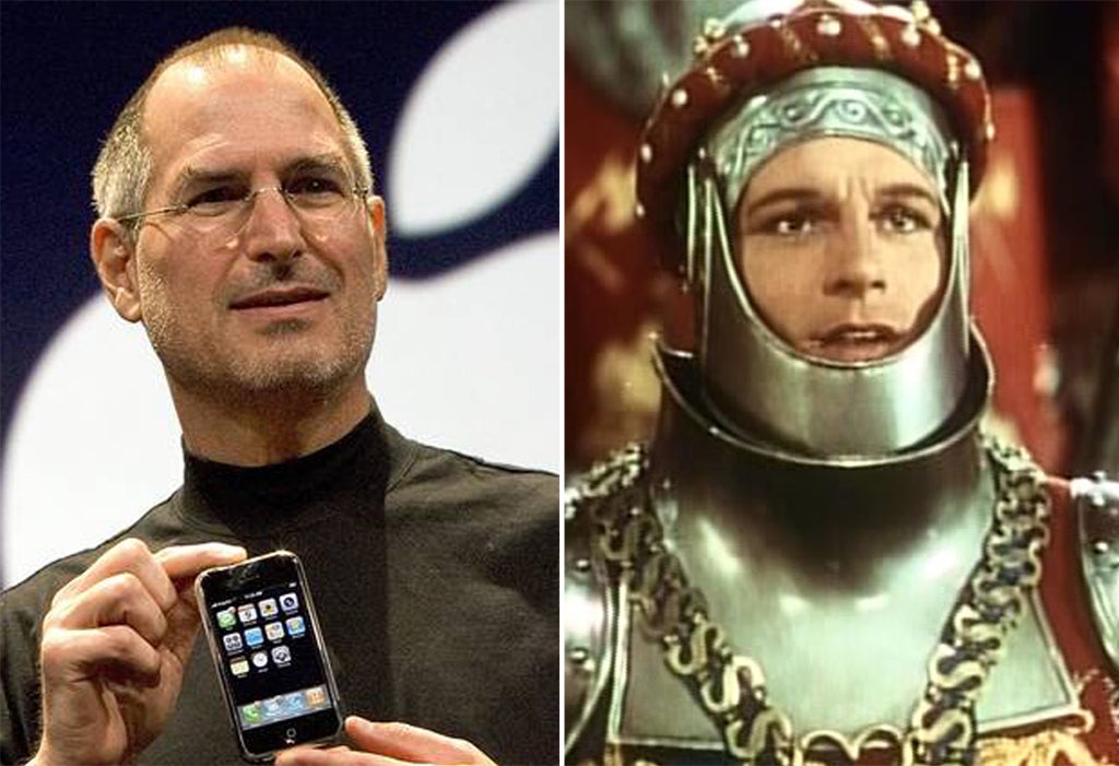 Steve V (King Different) 'brings together two great figures of history; Steve Jobs [left], the king of computers, and Henry V [right, played by Laurence Olivier in 1944], king of England'