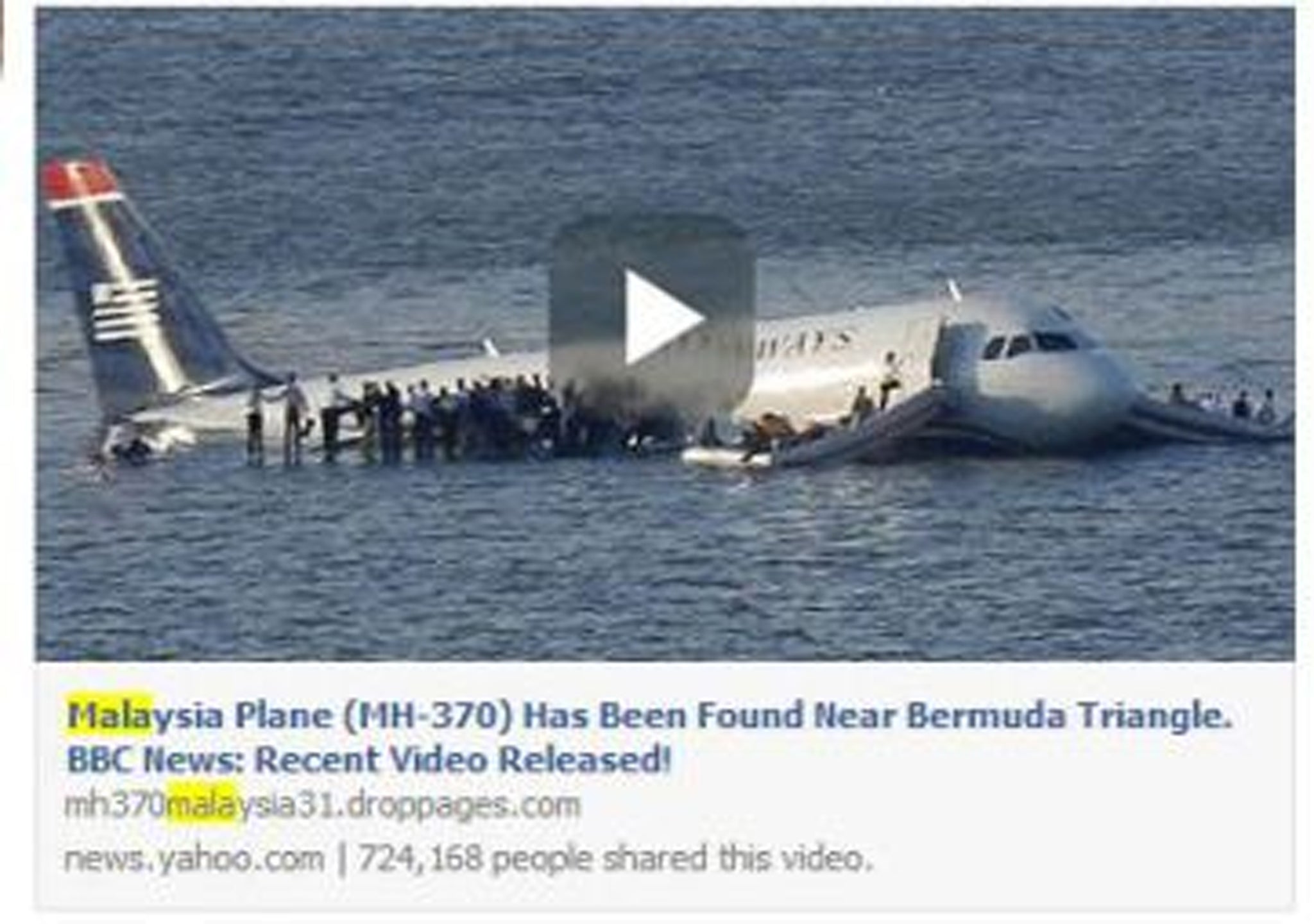 The posts contain videos that look legitimate and claim the plane has been found in various places, from the Bermuda Triangle to having been spotted at sea