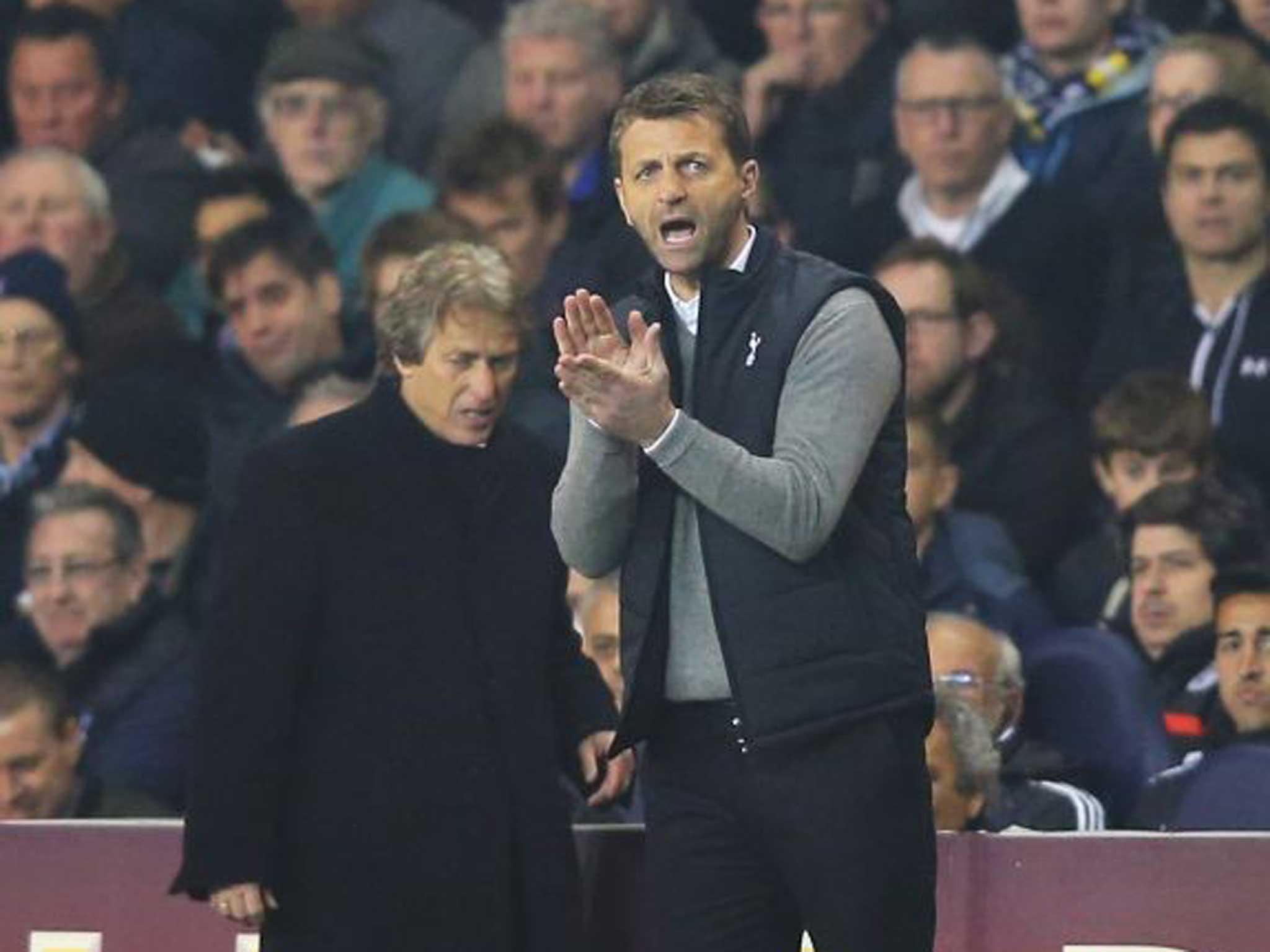 Out of hand: Tim Sherwood defiantly urges on his players but his later reaction to goading by Benfica’s Jorge Jesus would have had Bill Nicholson wincing 